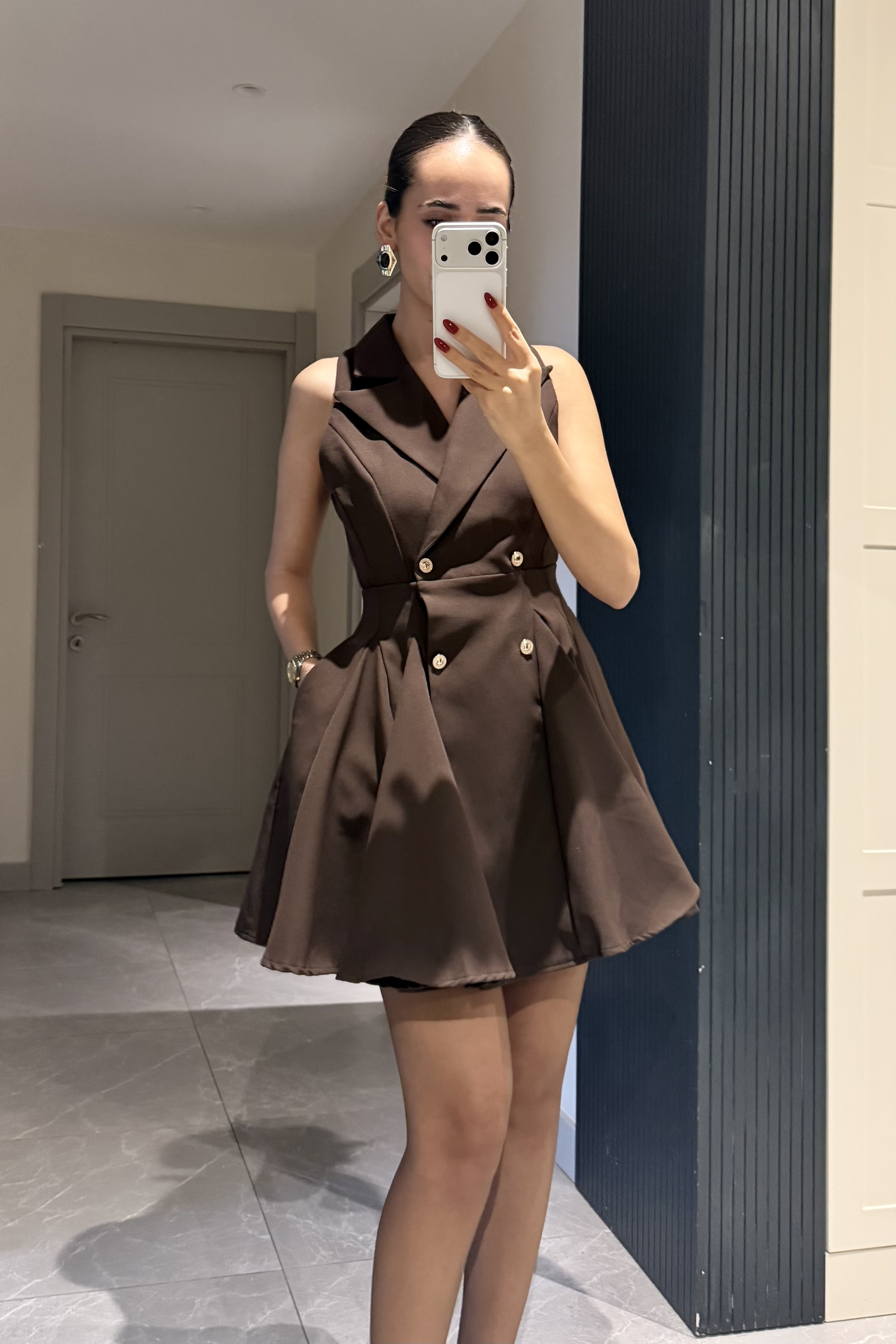 Acı Kahve Gold Düğmeli Mini Elbise - Kadın Elbise Modelleri - Nazliye Moda | Kadın Giyim Modası