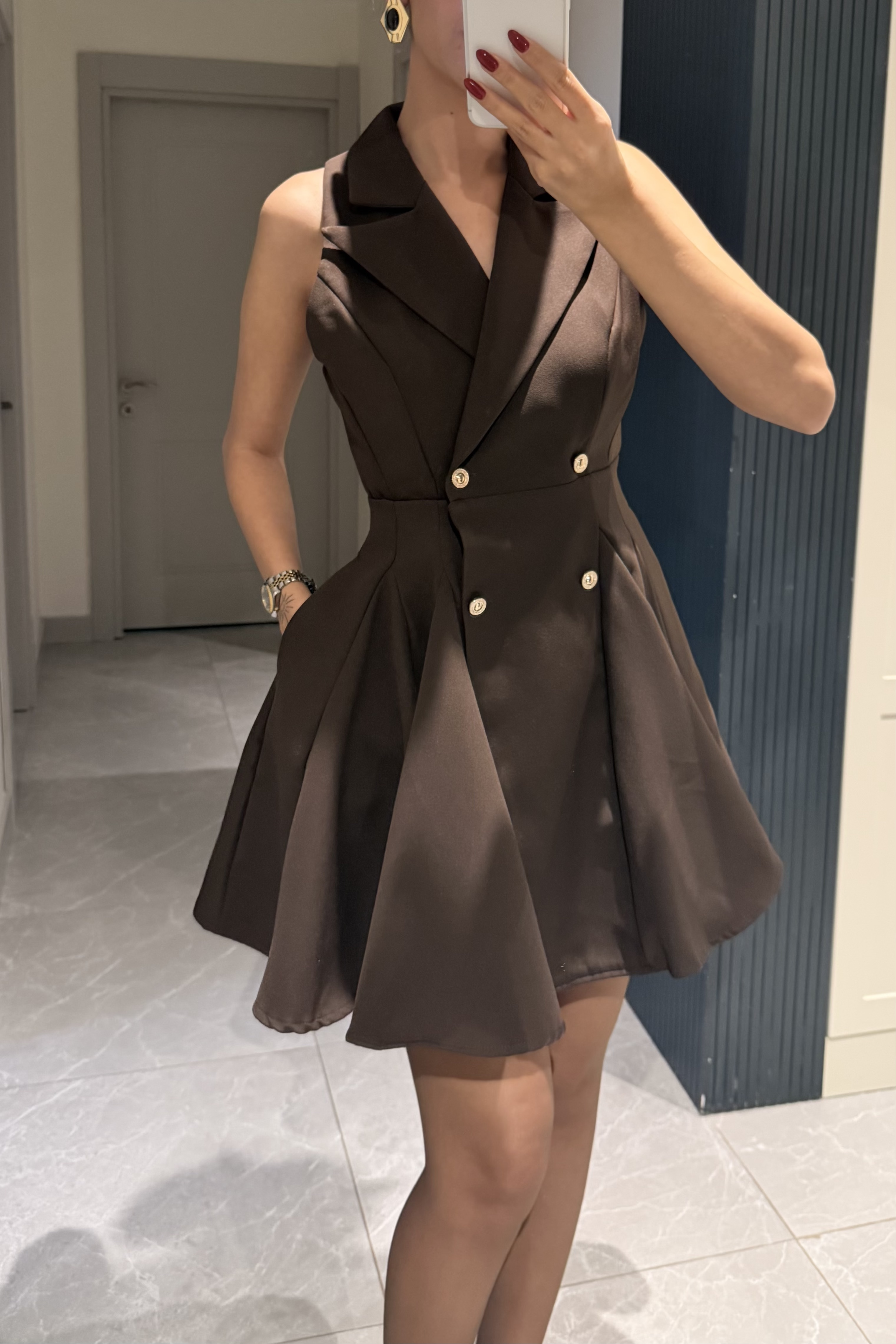 Acı Kahve Gold Düğmeli Mini Elbise - Kadın Elbise Modelleri - Nazliye Moda | Kadın Giyim Modası