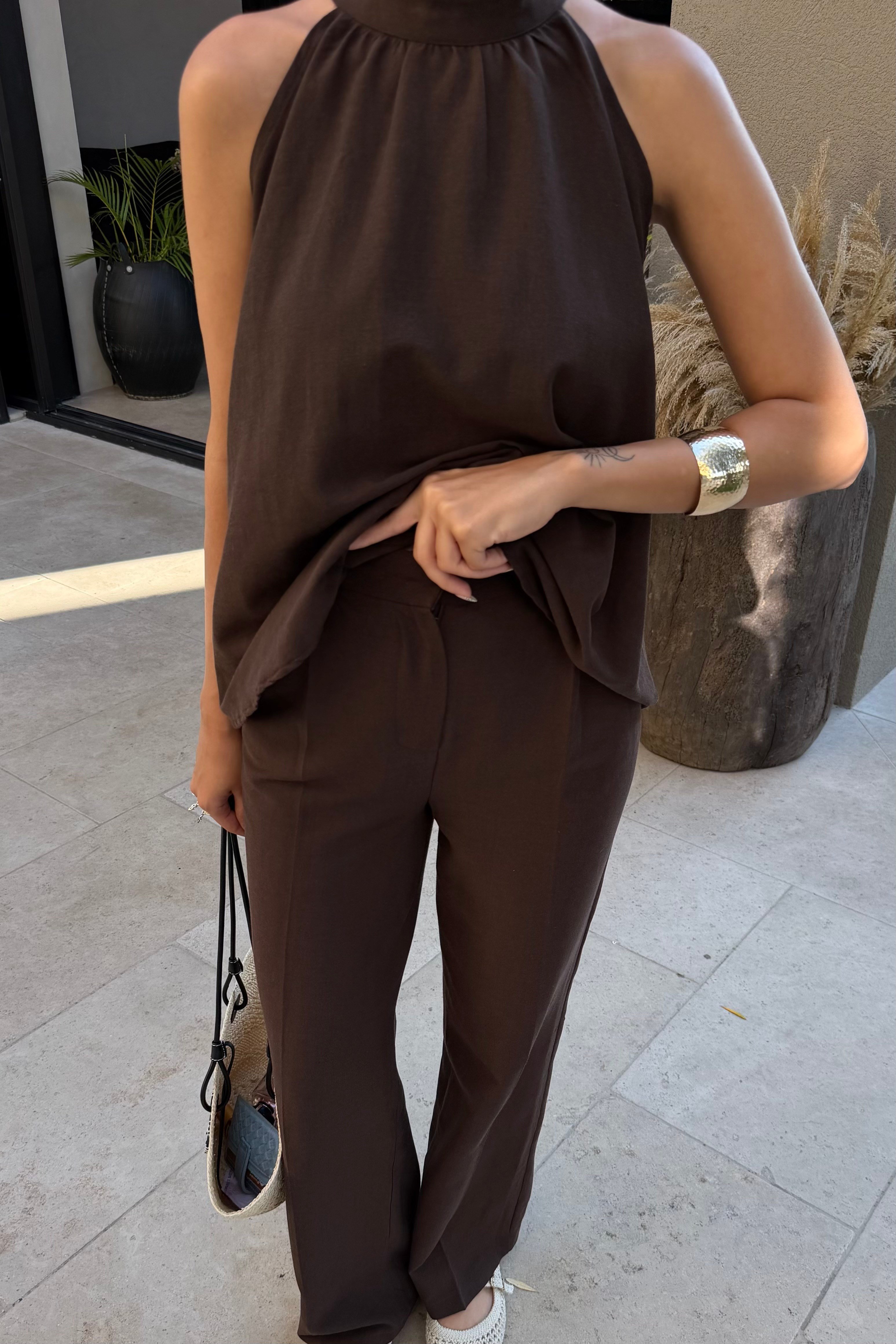 Acı Kahve Halter Bluz Keten Takım - Kadın Takım Modelleri - Nazliye Moda | Kadın Giyim Modası