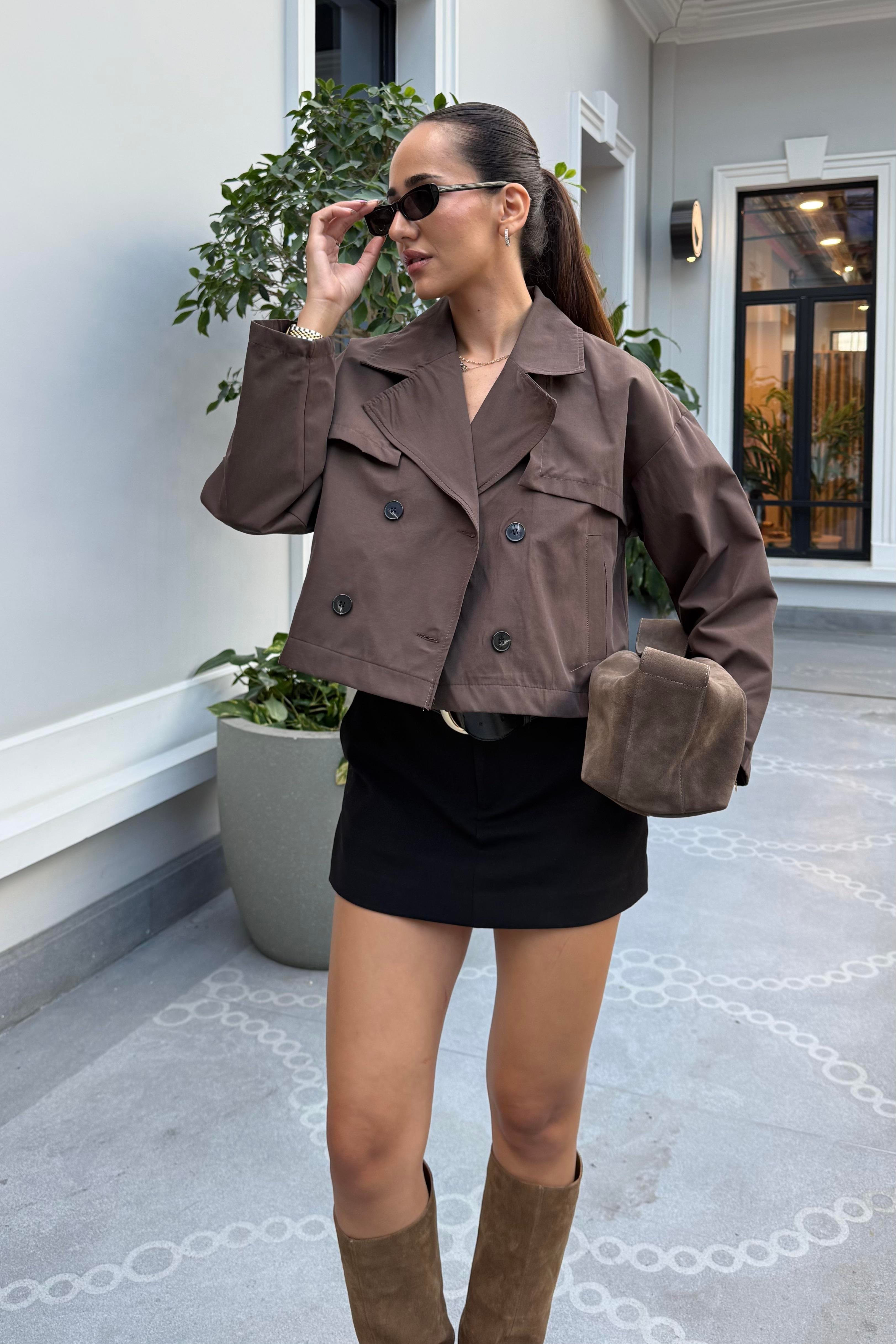 Acı Kahve Kısa Trençkot - Kadın Trench Coats Modelleri - Nazliye Moda | Kadın Giyim Modası