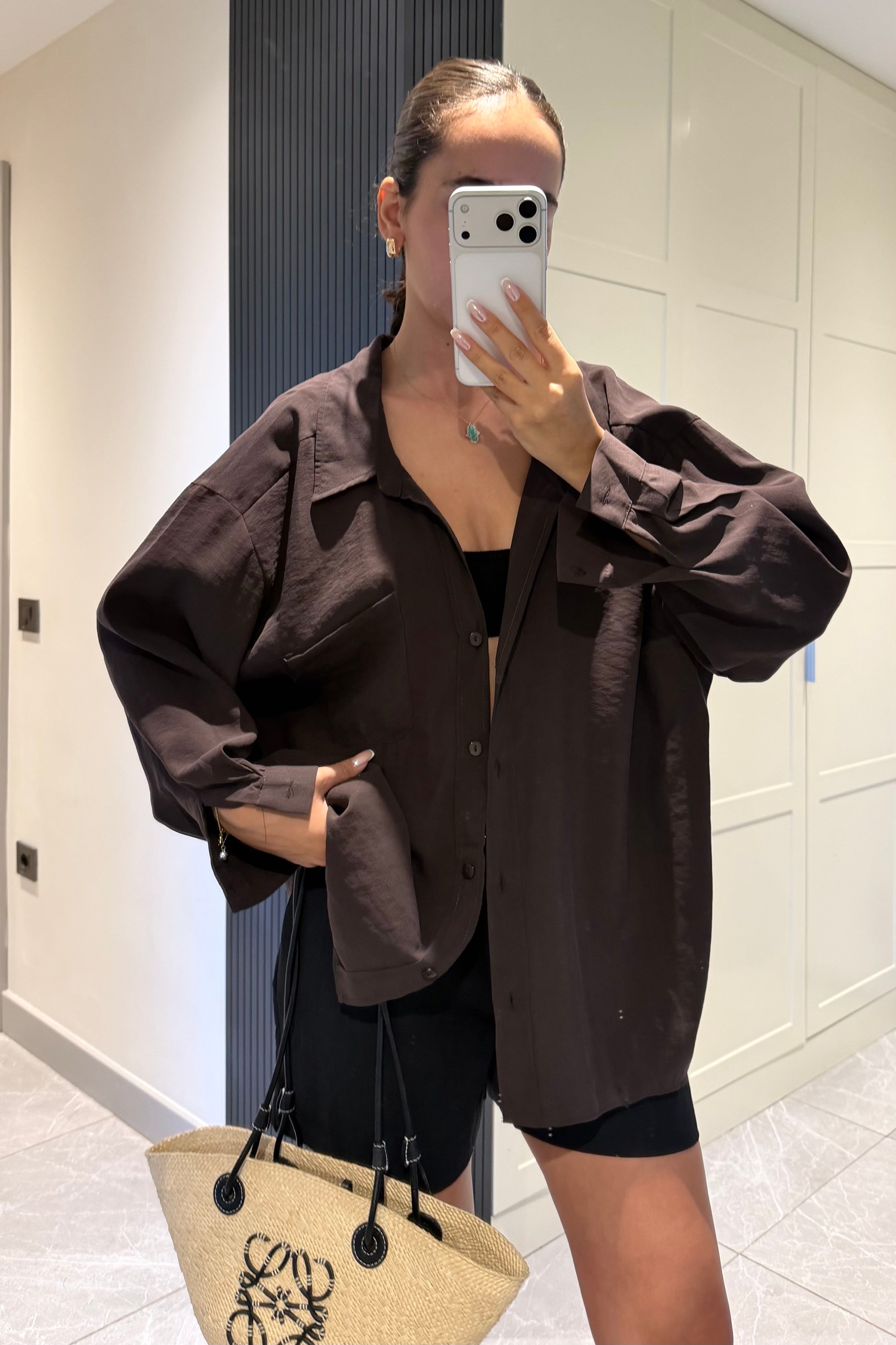 Acı Kahve Oversize Gömlek - Kadın Gömlek Modelleri - Nazliye Moda | Kadın Giyim Modası