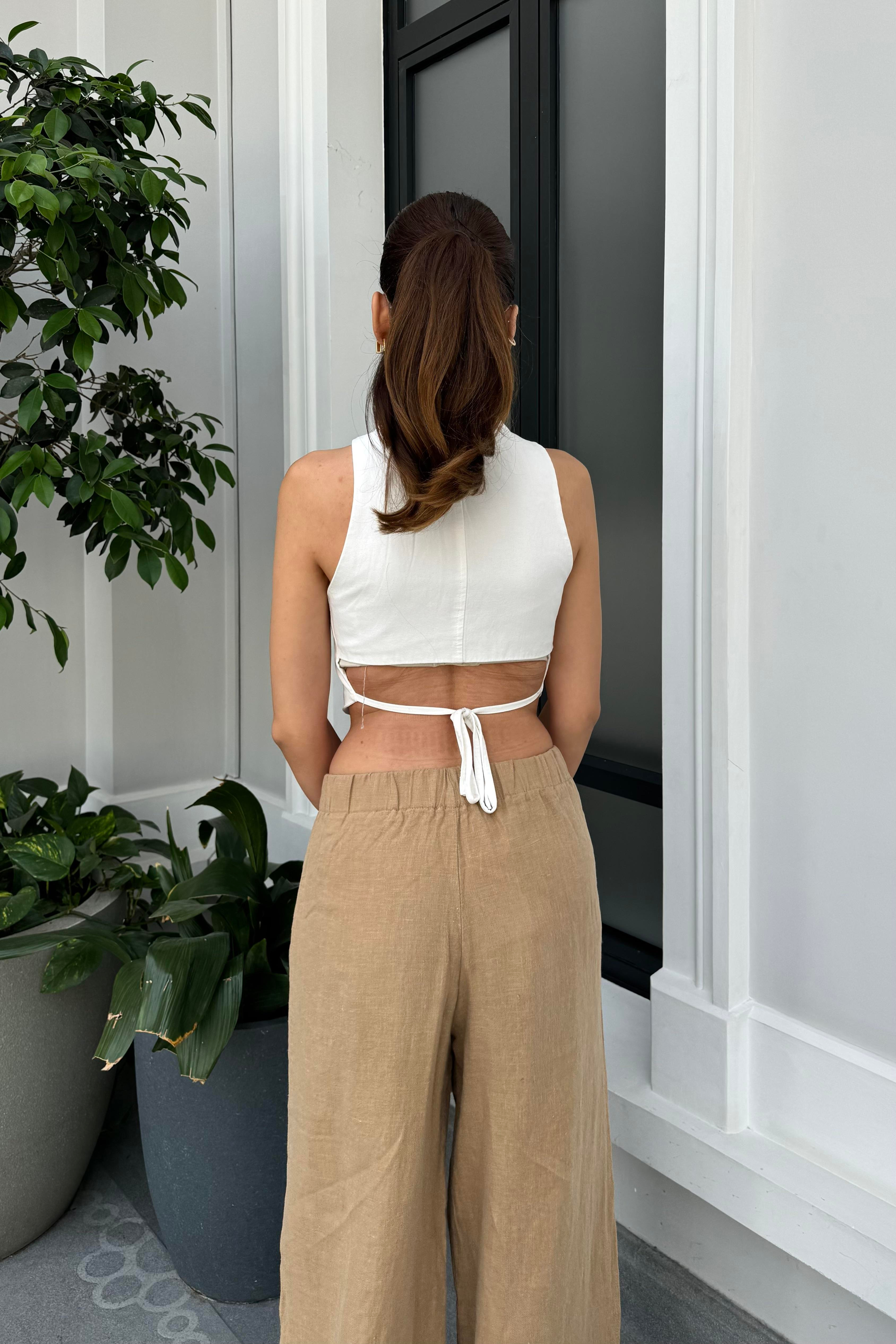 Açık Kahve Premium Keten Pantolon  - Kadın Pantolon Modelleri - Nazliye Moda - Kadın Giyim Modası