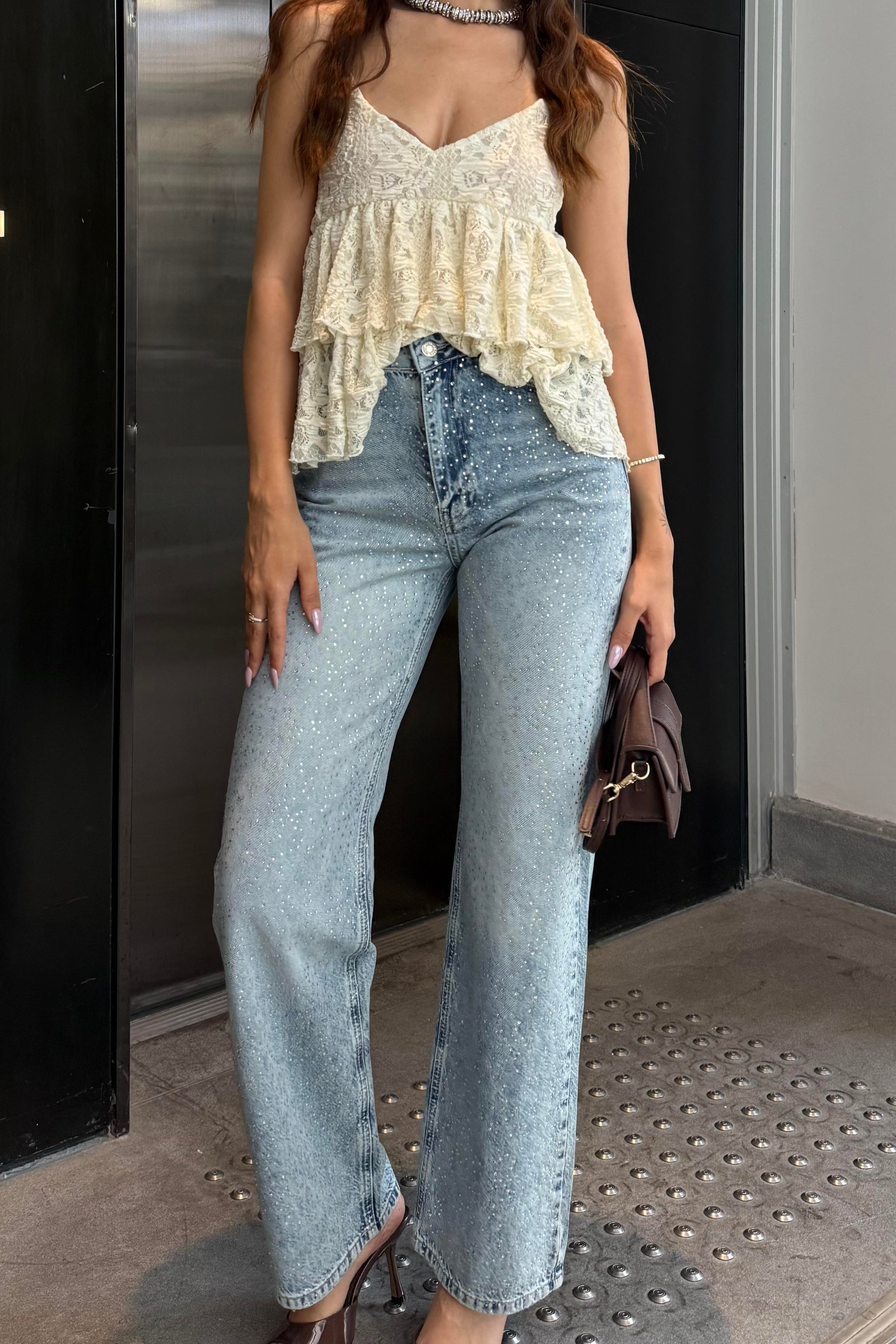Açık Mavi Dağınık Taşlı Premium Jean - Kadın Jean Modelleri - Nazliye Moda | Kadın Giyim Modası