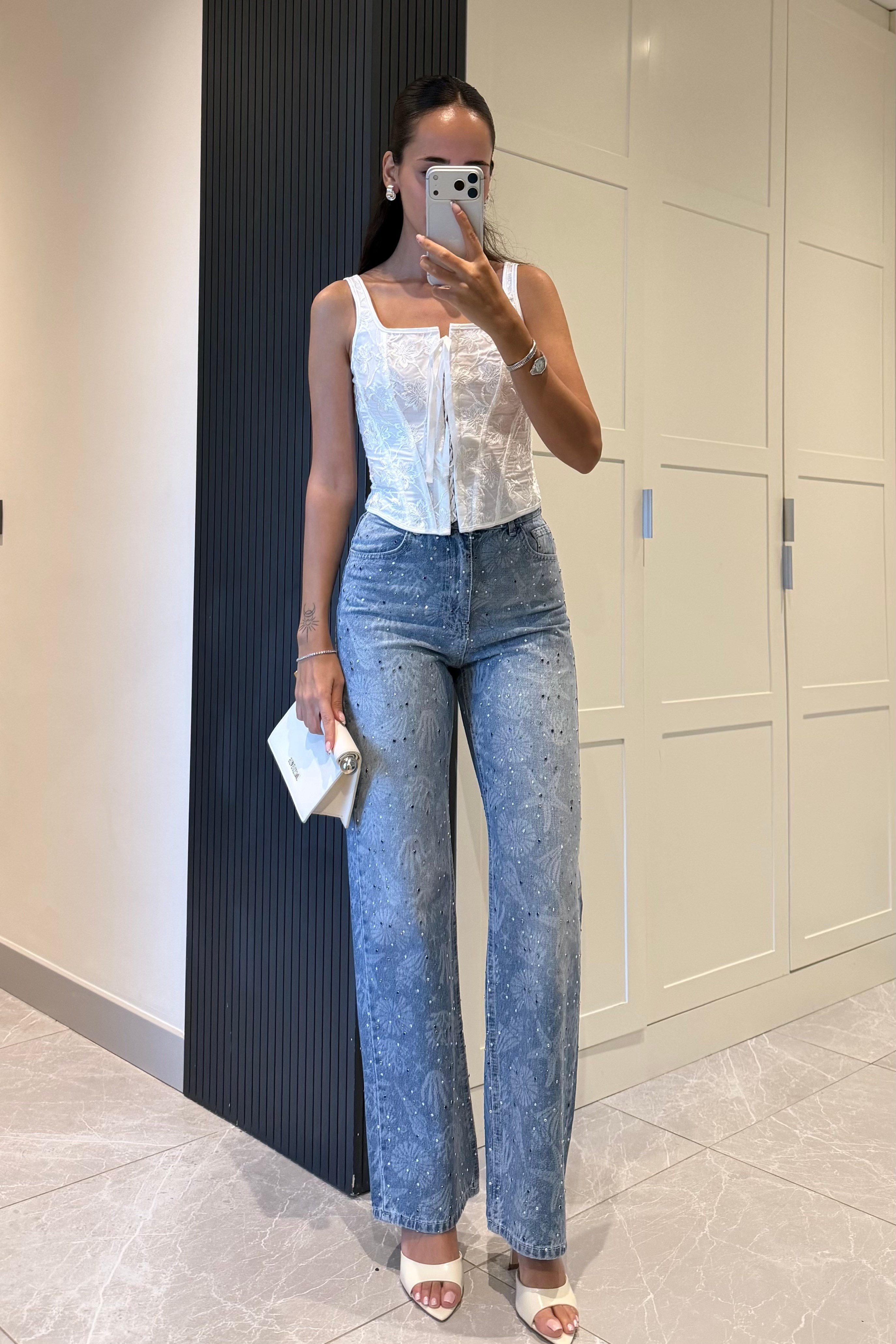 Açık Mavi Drop Taşlı Premium Jean - Kadın Jeans Modelleri - Nazliye Moda | Kadın Giyim Modası