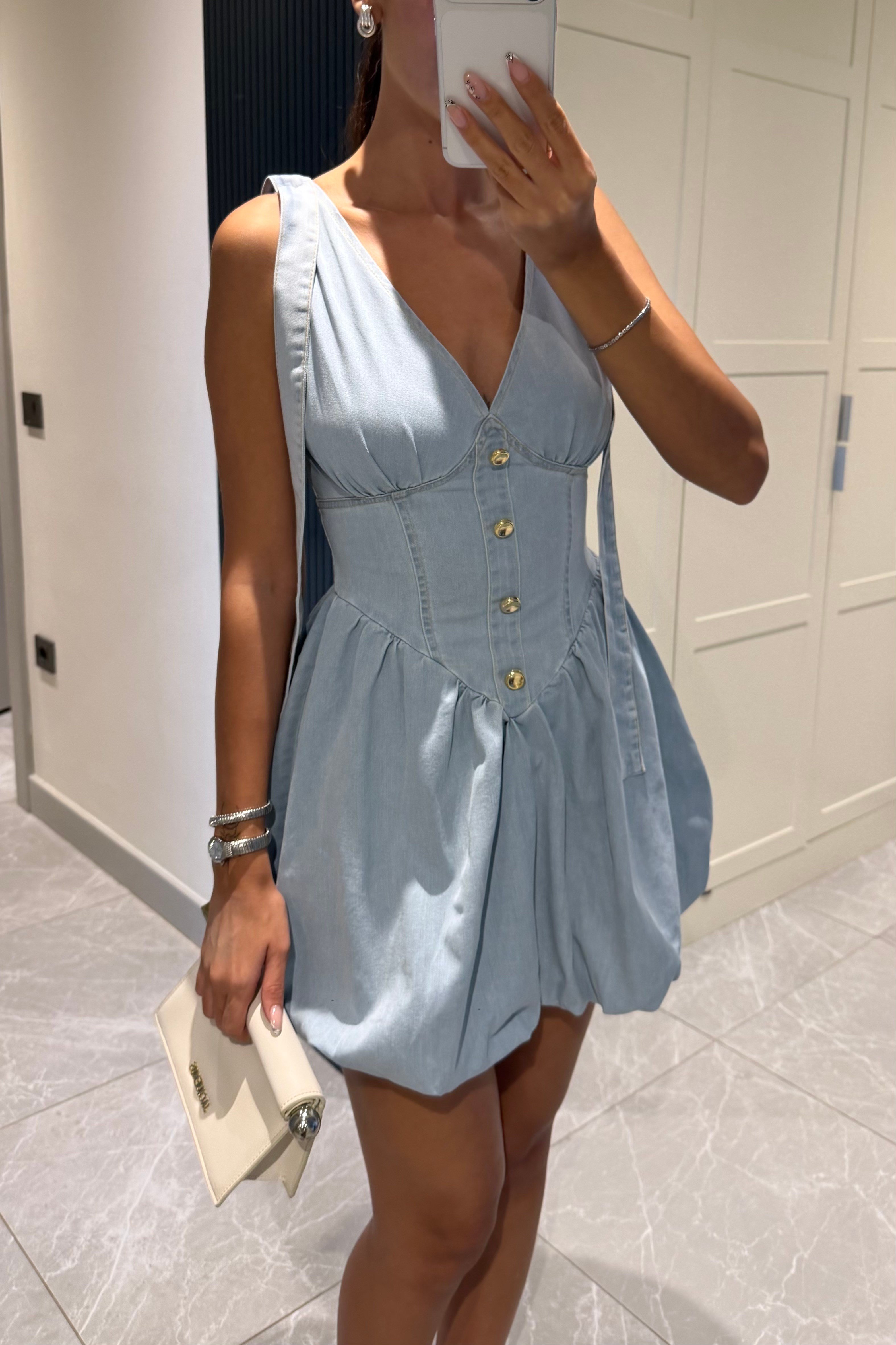 Açık Mavi Jean Mini Elbise - Kadın Elbise Modelleri - Nazliye Moda | Kadın Giyim Modası