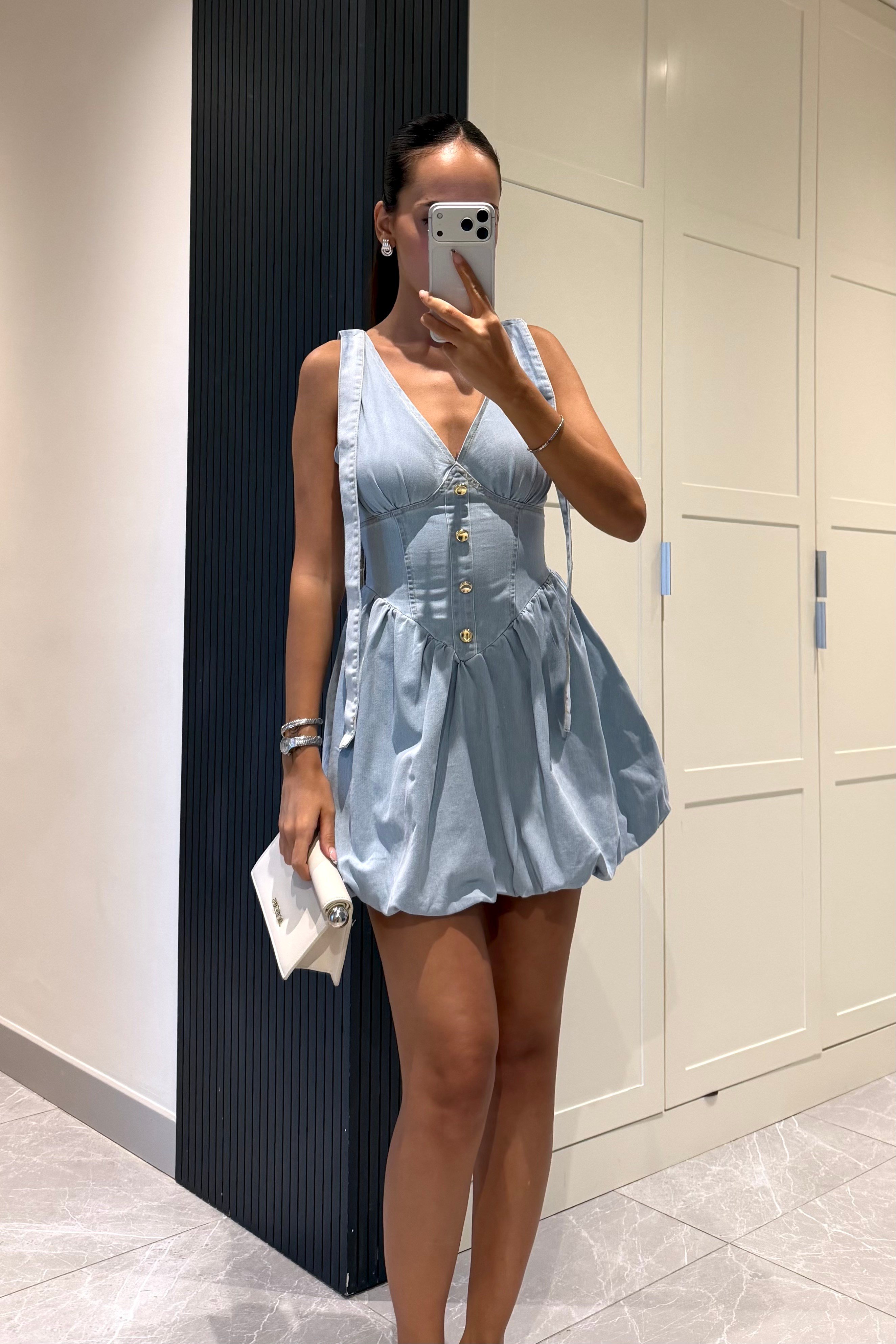 Açık Mavi Jean Mini Elbise - Kadın Elbise Modelleri - Nazliye Moda | Kadın Giyim Modası
