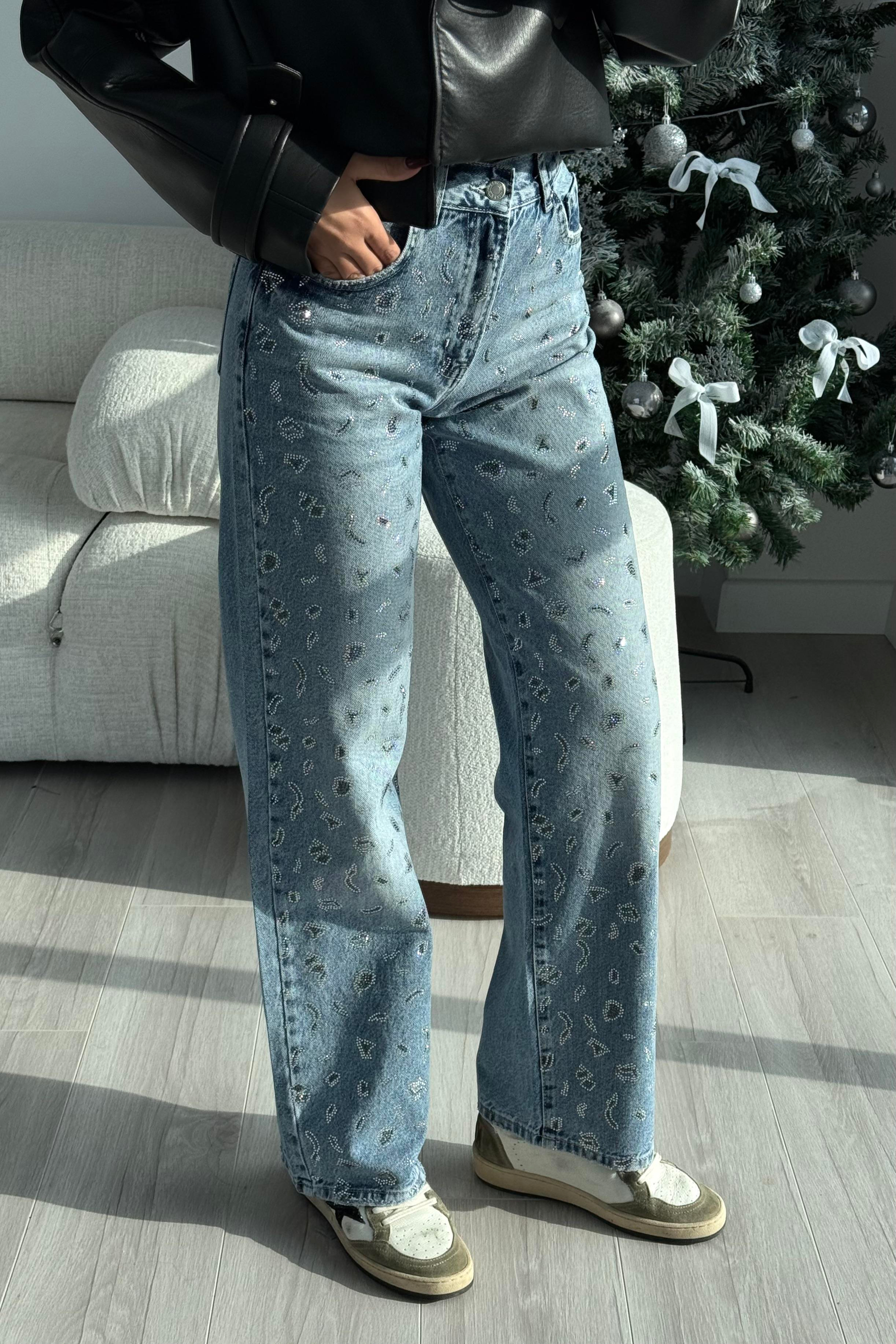 Açık Mavi Taş Baskılı Premium Jean - Kadın Jeans Modelleri - Nazliye Moda | Kadın Giyim Modası