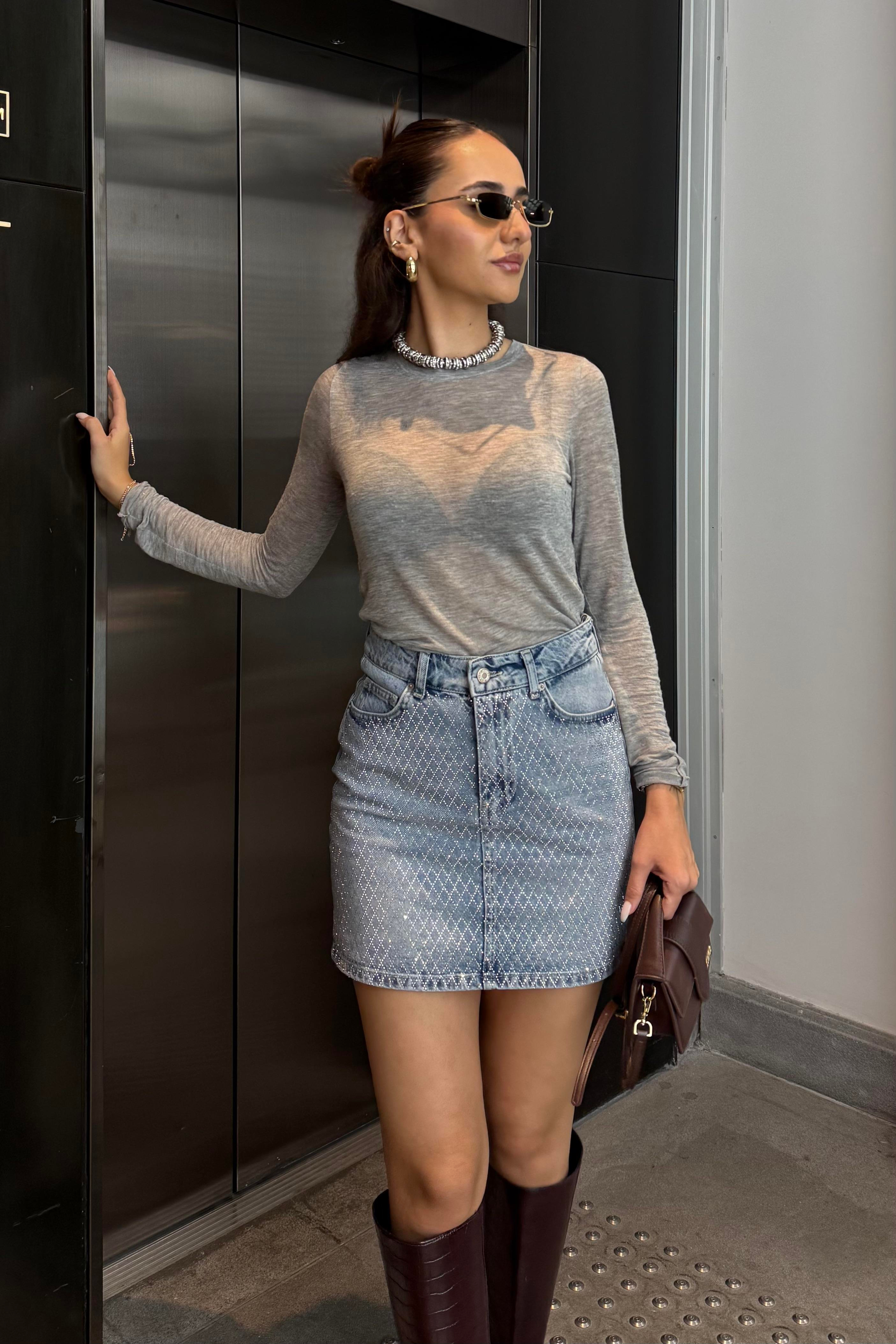 Açık Mavi Taşlı Premium Jean Etek - Kadın Etek Modelleri - Nazliye Moda | Kadın Giyim Modası