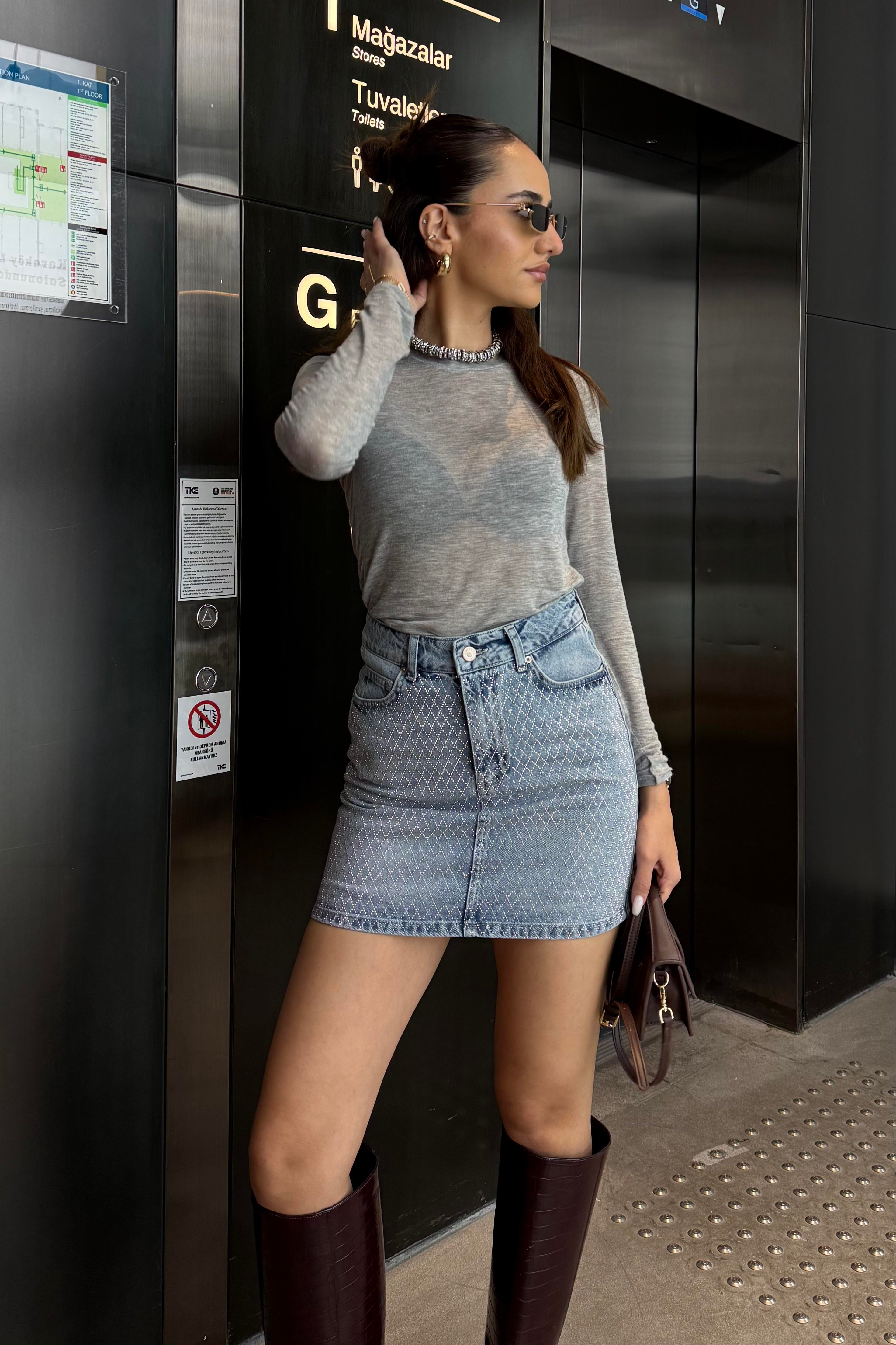 Açık Mavi Taşlı Premium Jean Etek - Kadın Etek Modelleri - Nazliye Moda | Kadın Giyim Modası
