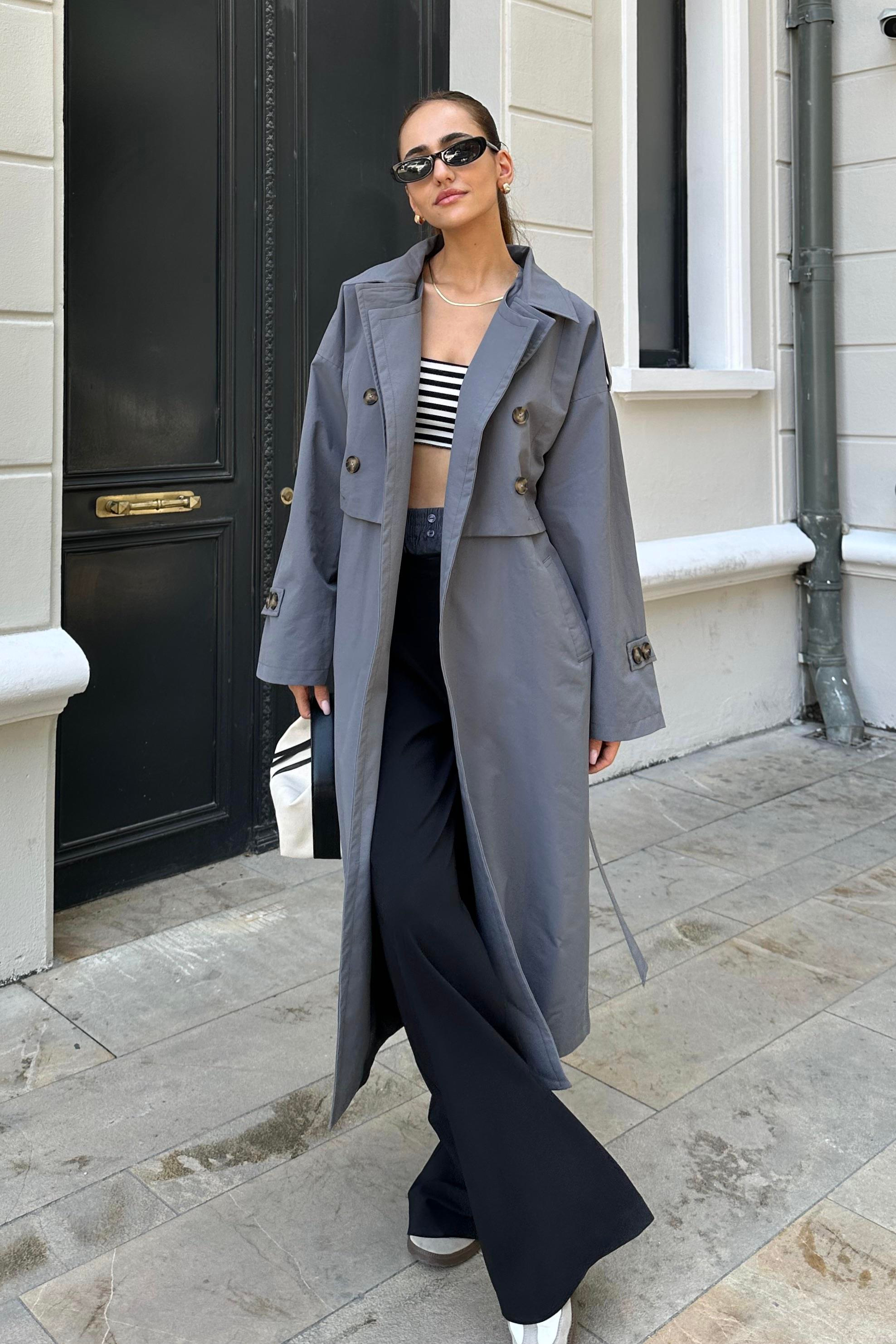 Nazliye Anthracite Design Trench Coat - Kadın Trench Coats Modelleri - Nazliye Moda | Kadın Giyim Modası