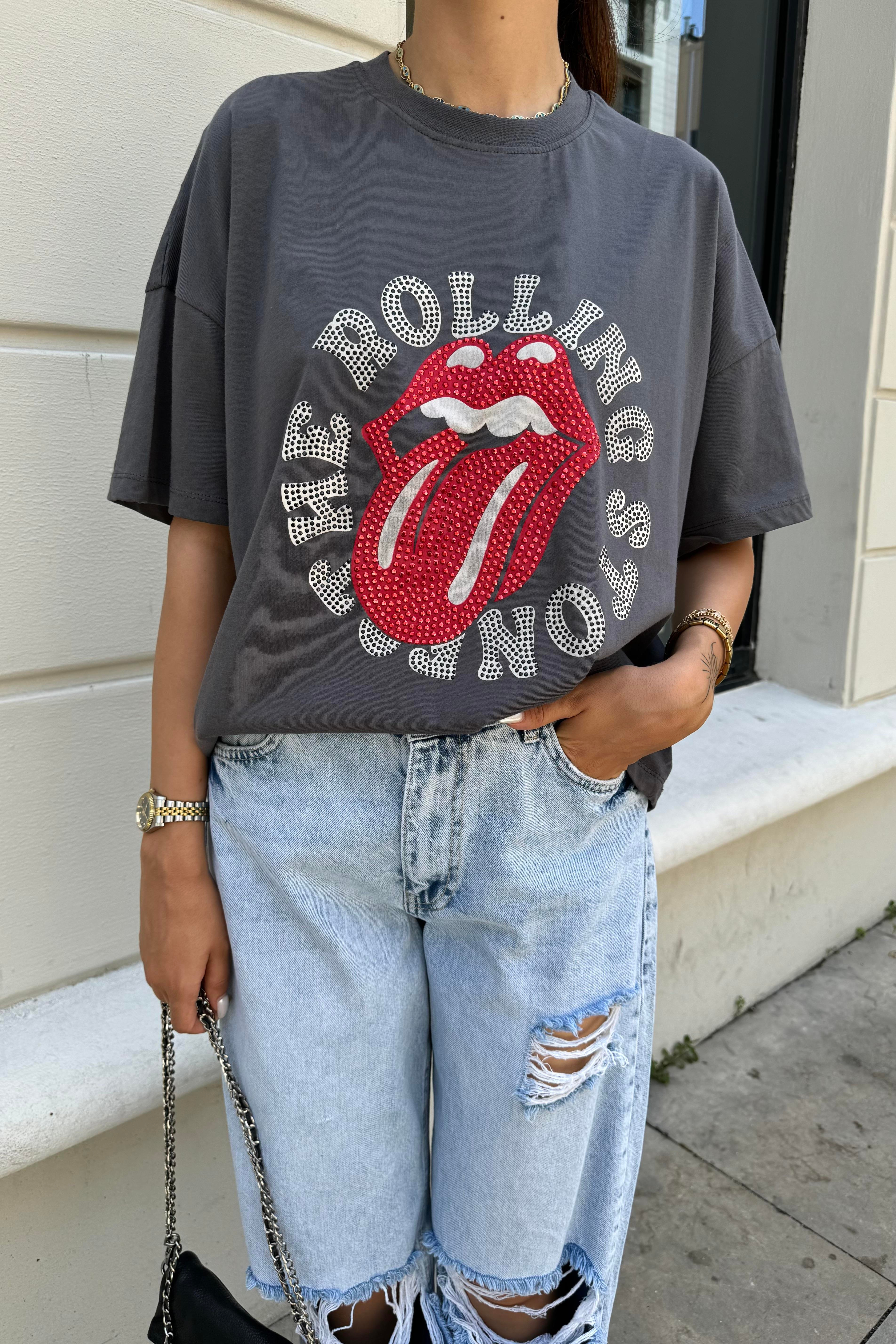 Antrasit Taş Baskılı T-Shirt - Kadın T-Shirt Modelleri - Nazliye Moda - Kadın Giyim Modası
