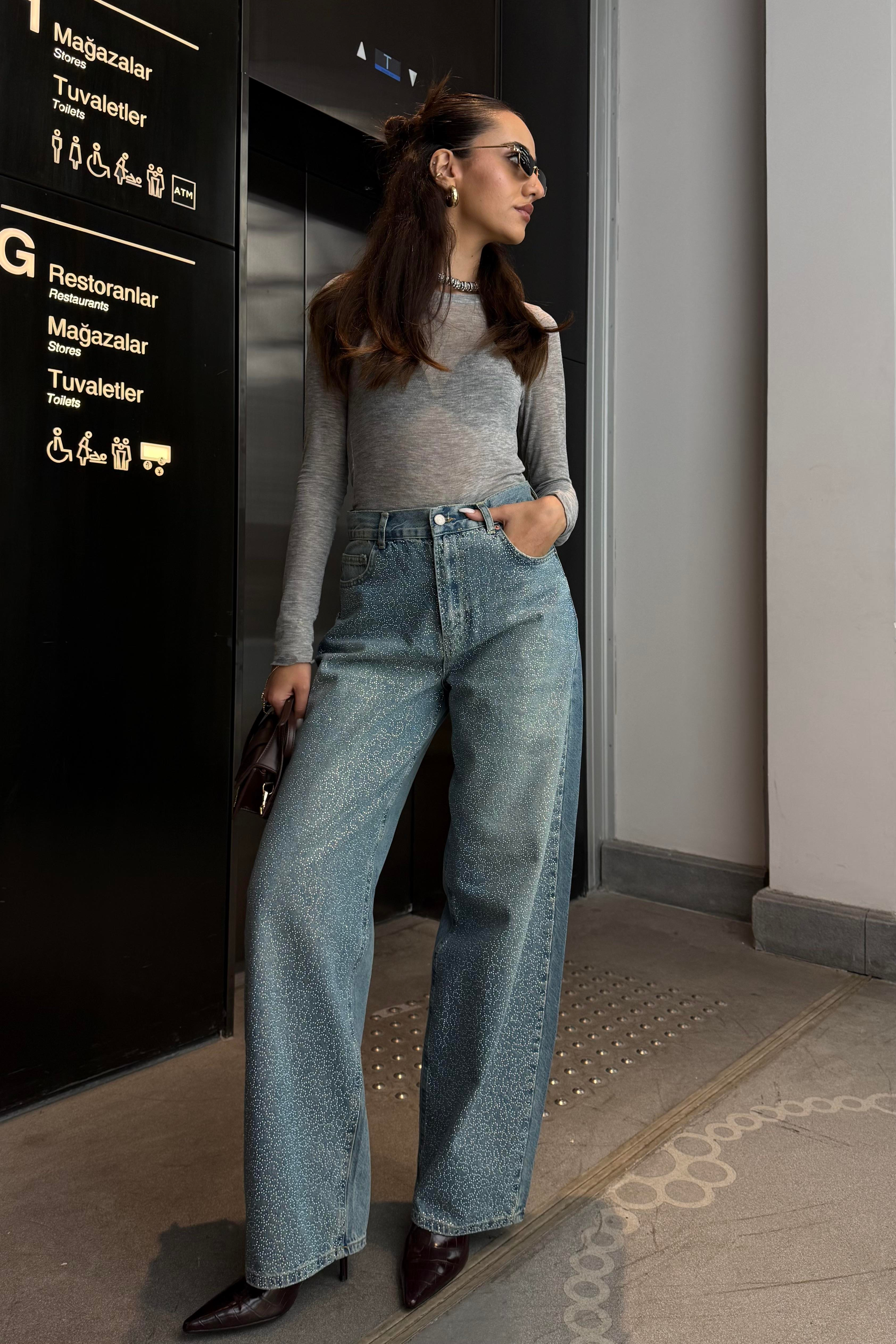 Baggy Açık Mavi Taşlı Premium Jean - Kadın Jean Modelleri - Nazliye Moda | Kadın Giyim Modası