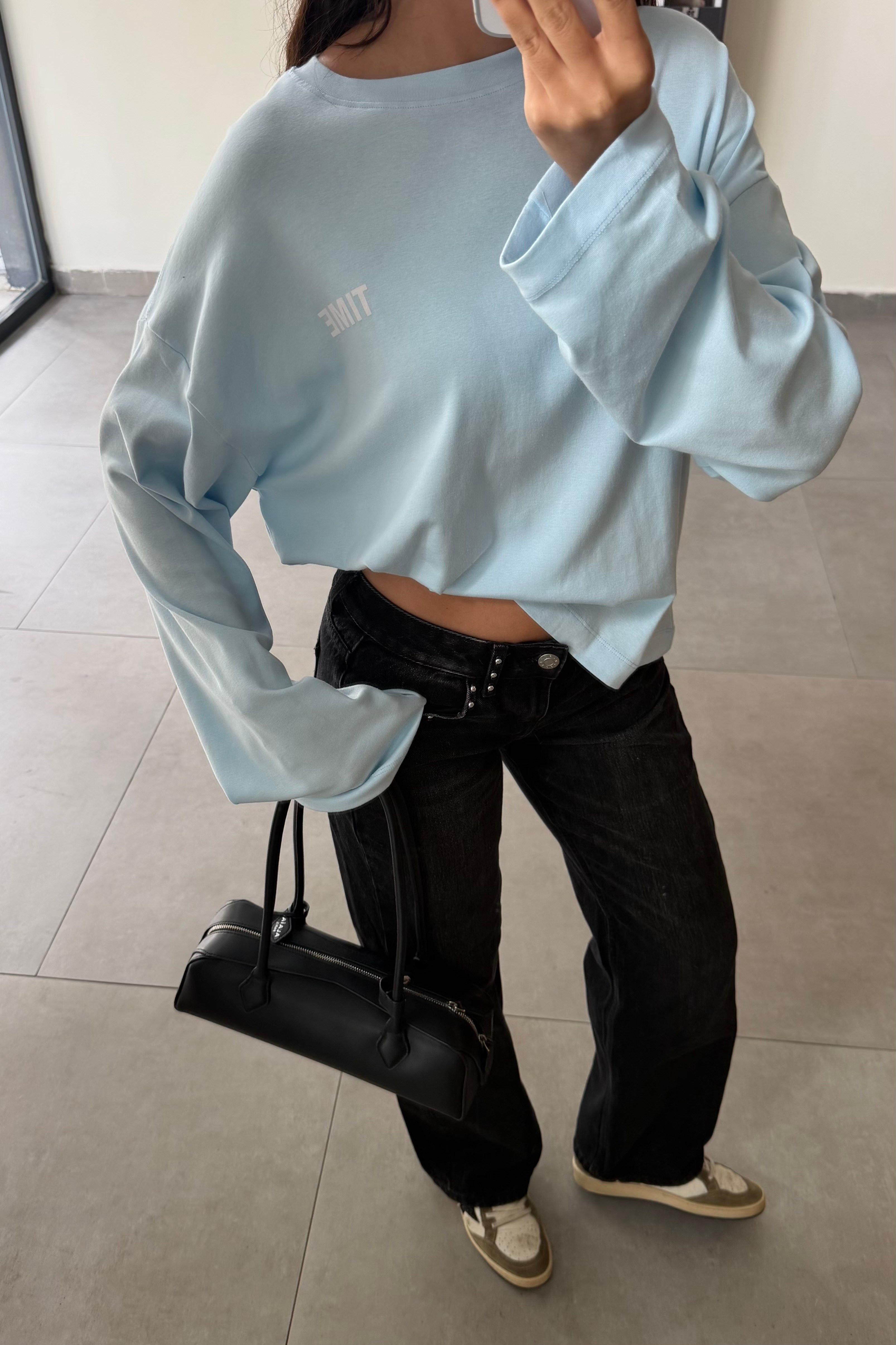 Bebe Mavi Arka Baskılı Uzun Kollu T-shirt - Kadın Bluz Modelleri - Nazliye Moda | Kadın Giyim Modası