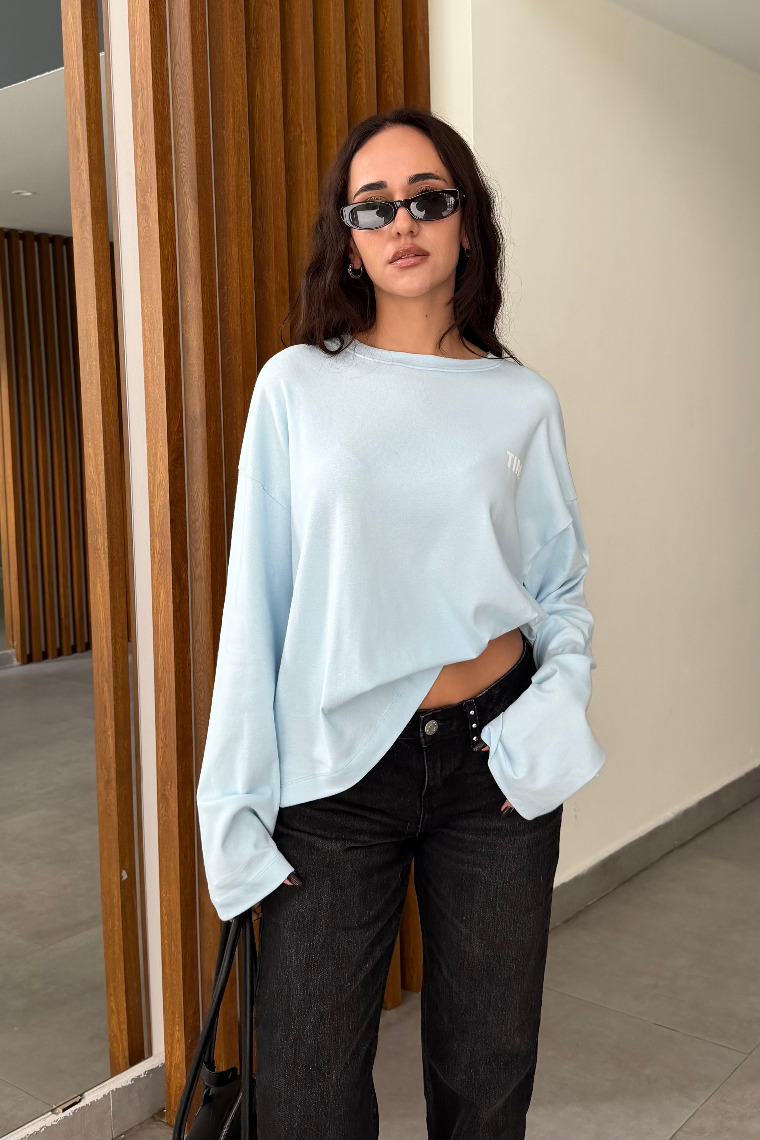 Bebe Mavi Arka Baskılı Uzun Kollu T-shirt - Kadın Bluz Modelleri - Nazliye Moda | Kadın Giyim Modası