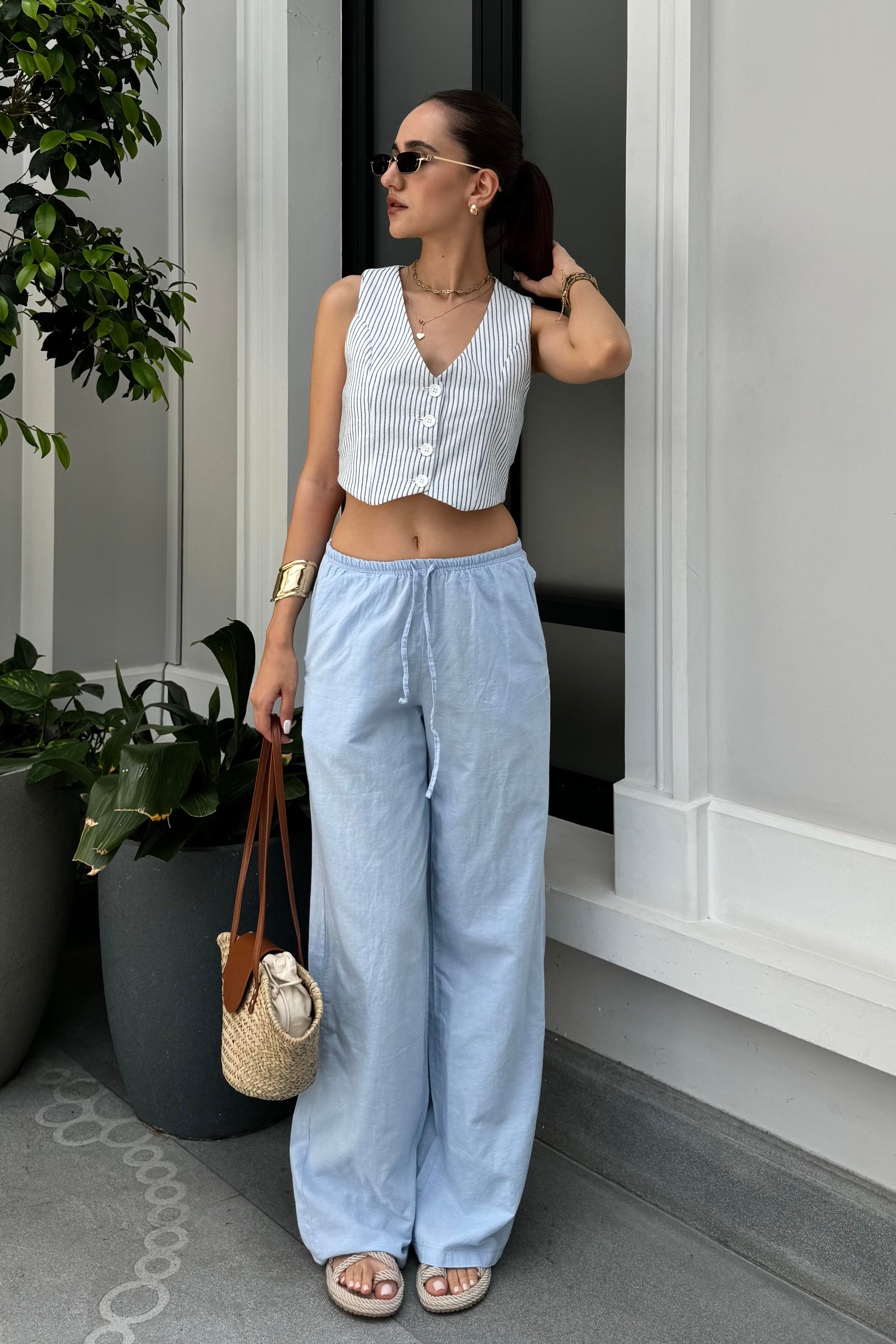 Bebe Mavi Bağcıklı Keten Pantolon - Kadın Outfit Sets Modelleri - Nazliye Moda - Kadın Giyim Modası