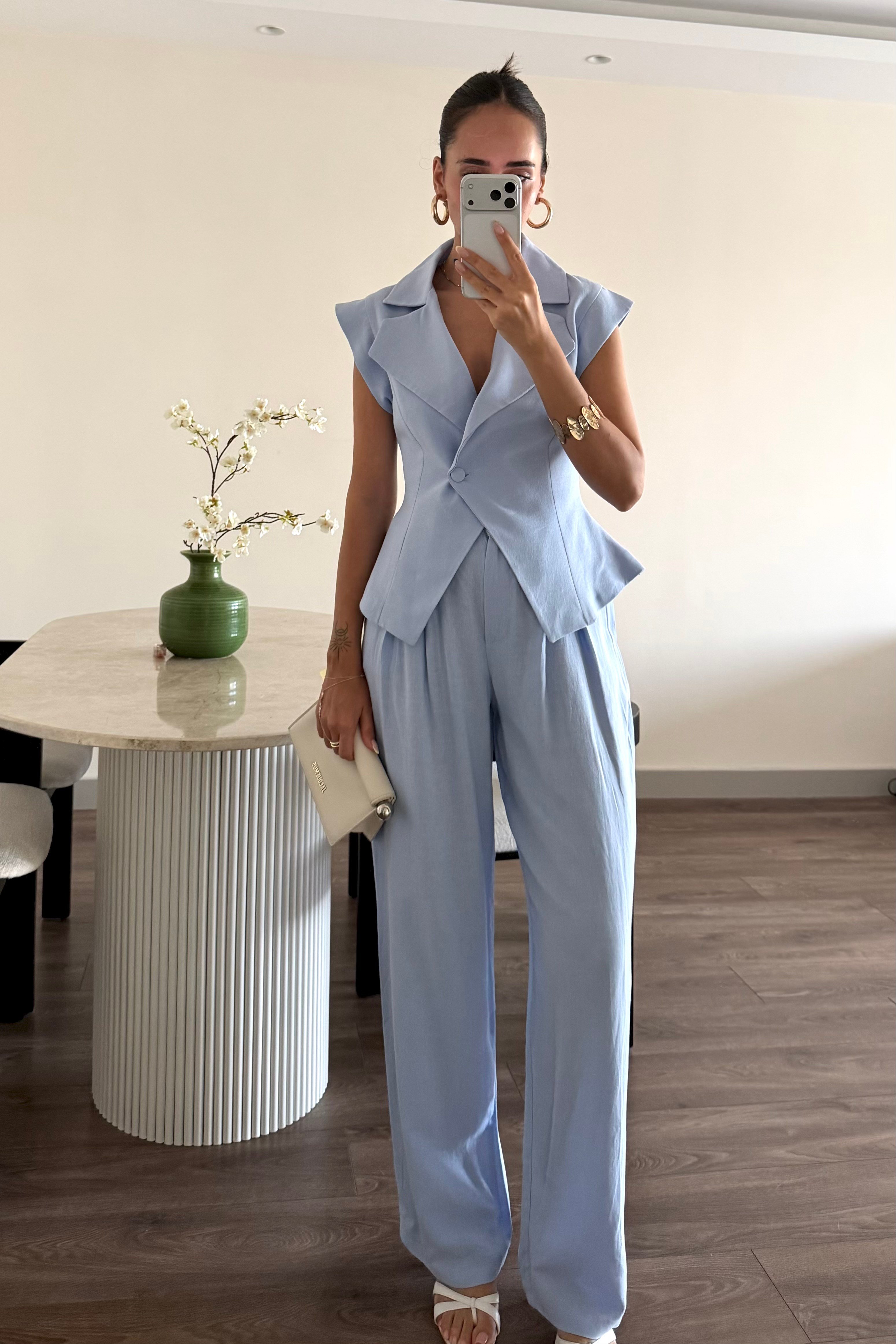 Bebe Mavi Kolsuz Ceket Keten Takım - Kadın Outfit Sets Modelleri - Nazliye Moda | Kadın Giyim Modası