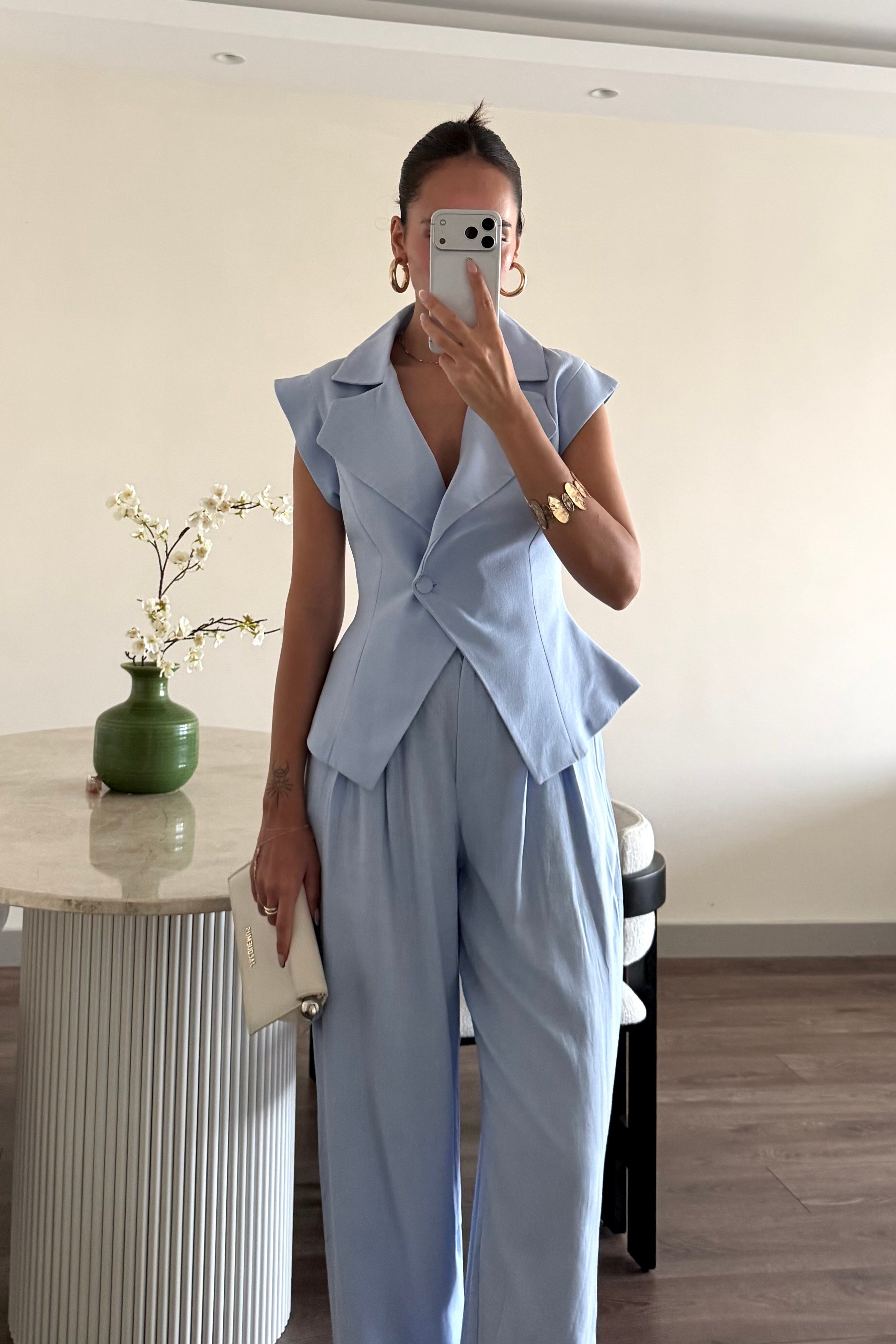 Bebe Mavi Kolsuz Ceket Keten Takım - Kadın Outfit Sets Modelleri - Nazliye Moda | Kadın Giyim Modası