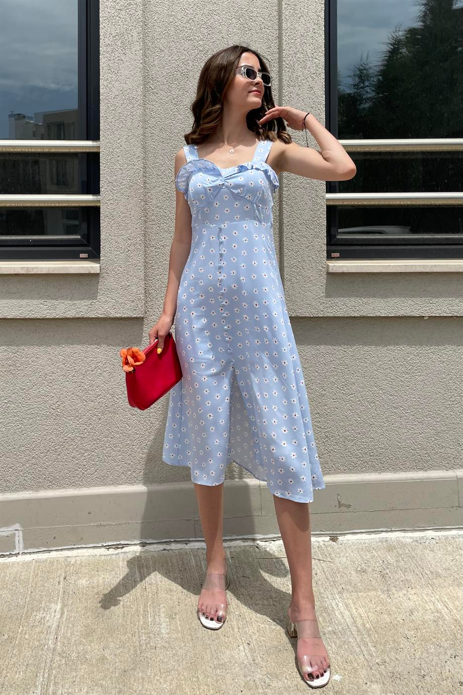 Bebe Mavi Papatya Desen Uzun Elbise - Kadın Elbise Modelleri - Nazliye Moda | Kadın Giyim Modası