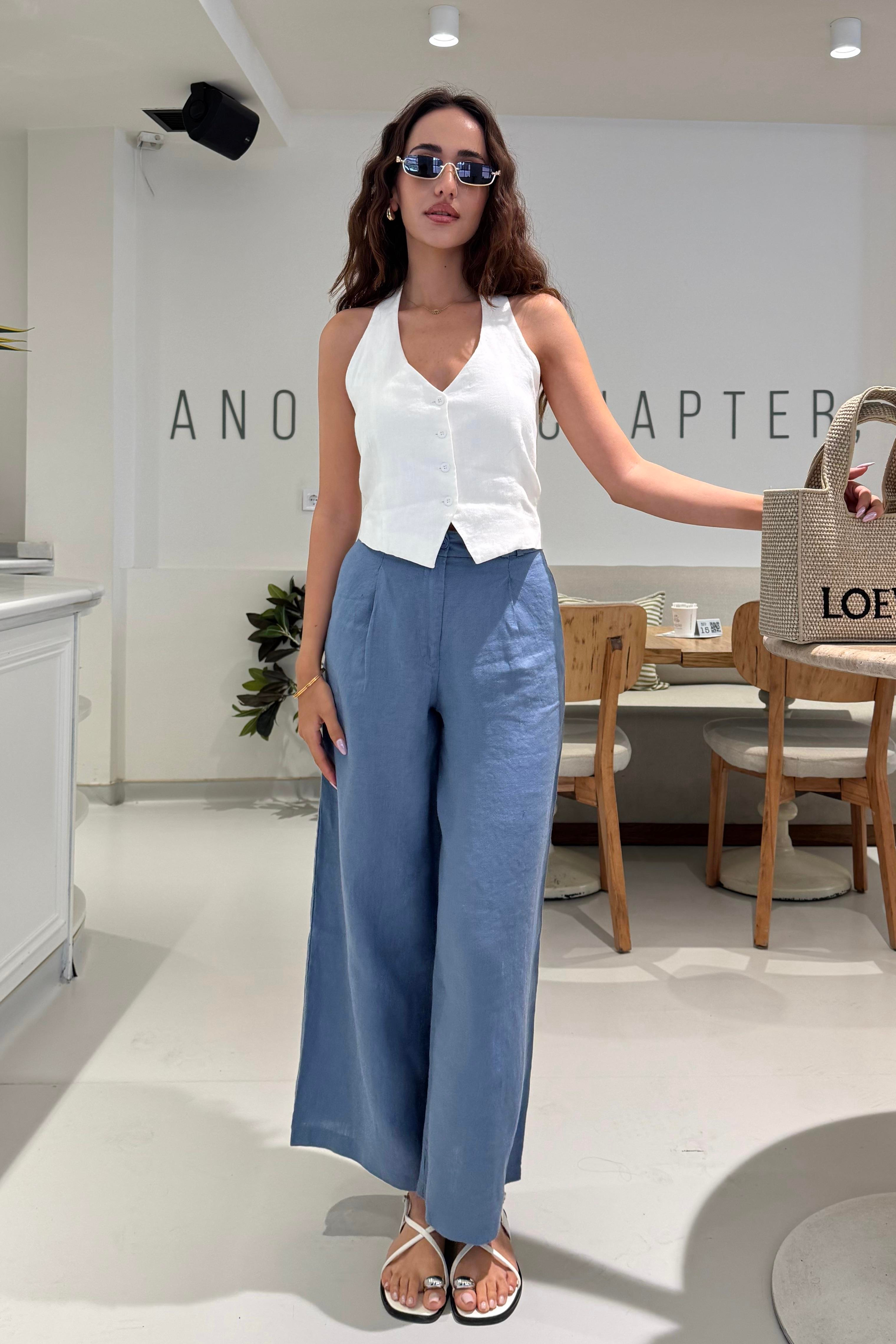 Bebe Mavi Premium Keten Pantolon - Kadın Trousers Modelleri - Nazliye Moda | Kadın Giyim Modası