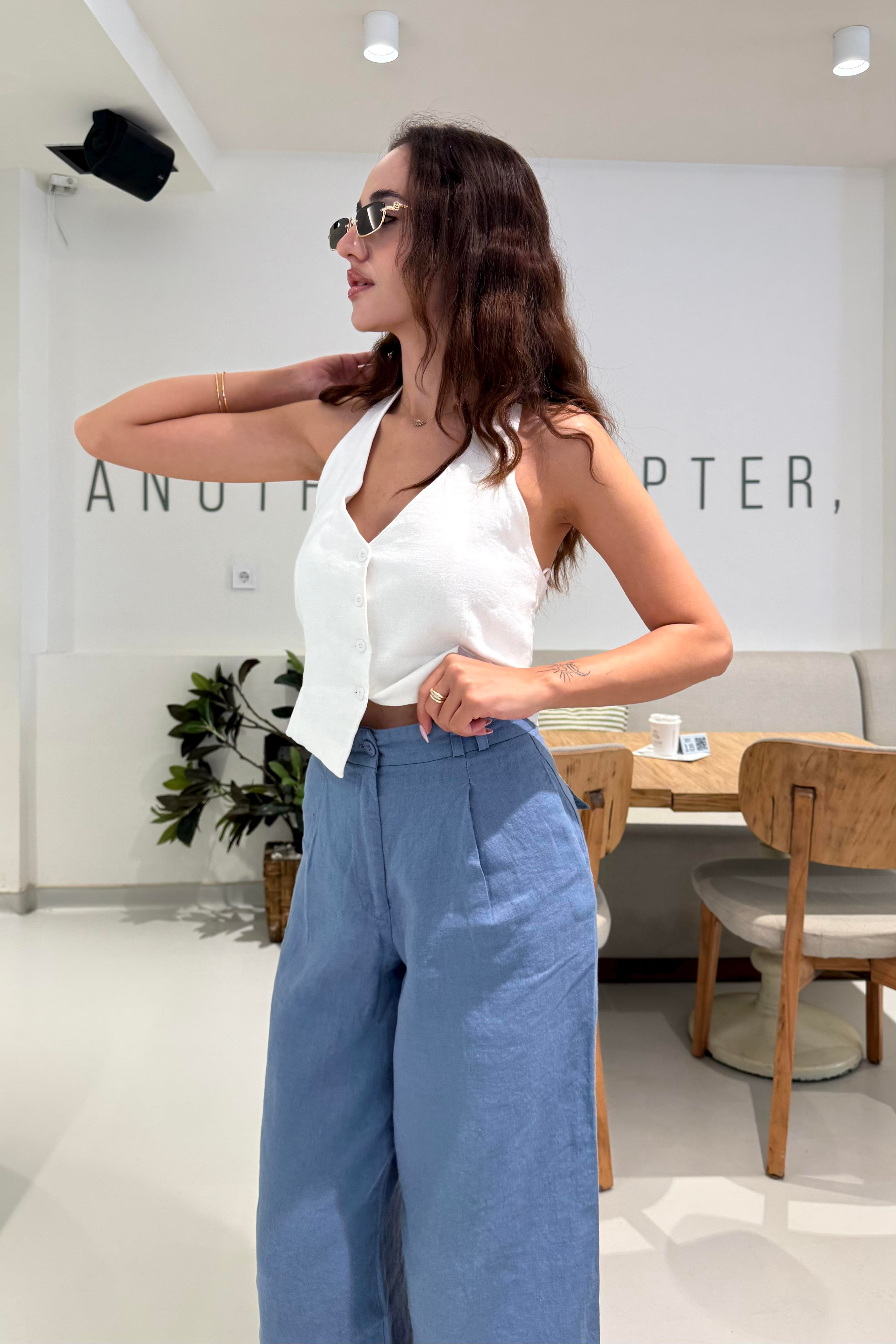 Bebe Mavi Premium Keten Pantolon - Kadın Trousers Modelleri - Nazliye Moda | Kadın Giyim Modası