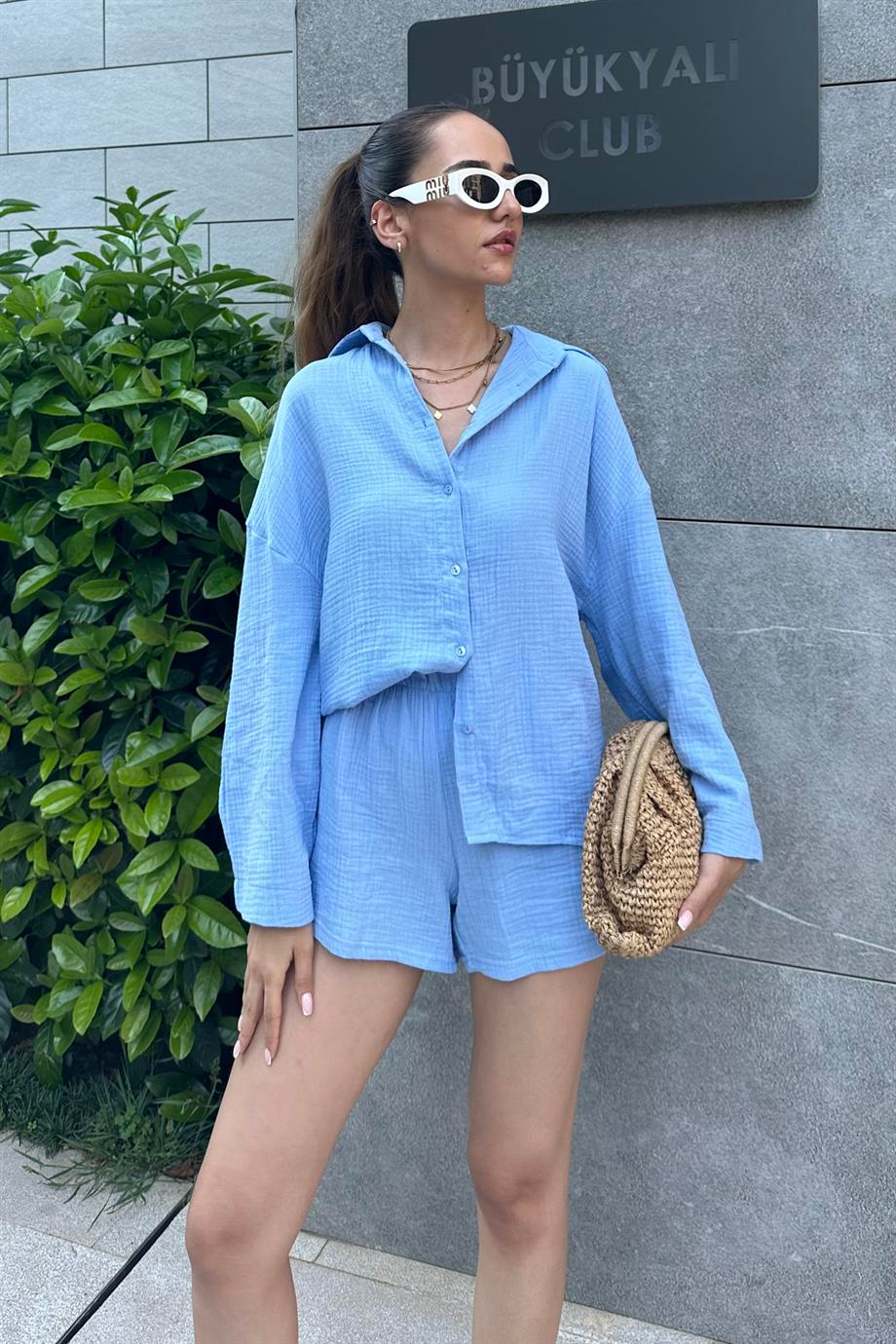 Bebe Mavi Şort Gömlek Takım - Kadın Takım Modelleri - Nazliye Moda | Kadın Giyim Modası