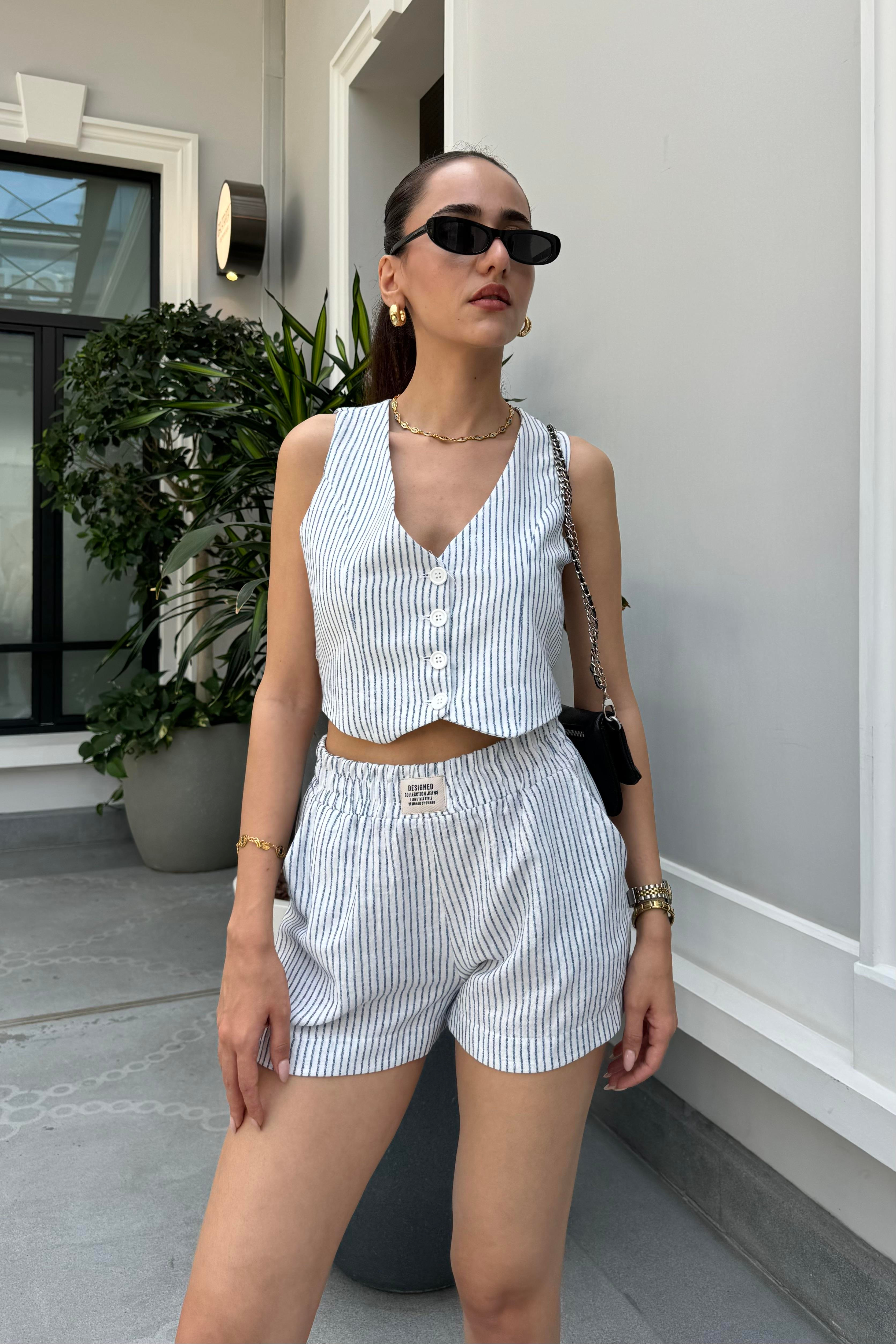 Bebe Mavi Şort Yelek Takım - Kadın Outfit Sets Modelleri - Nazliye Moda - Kadın Giyim Modası