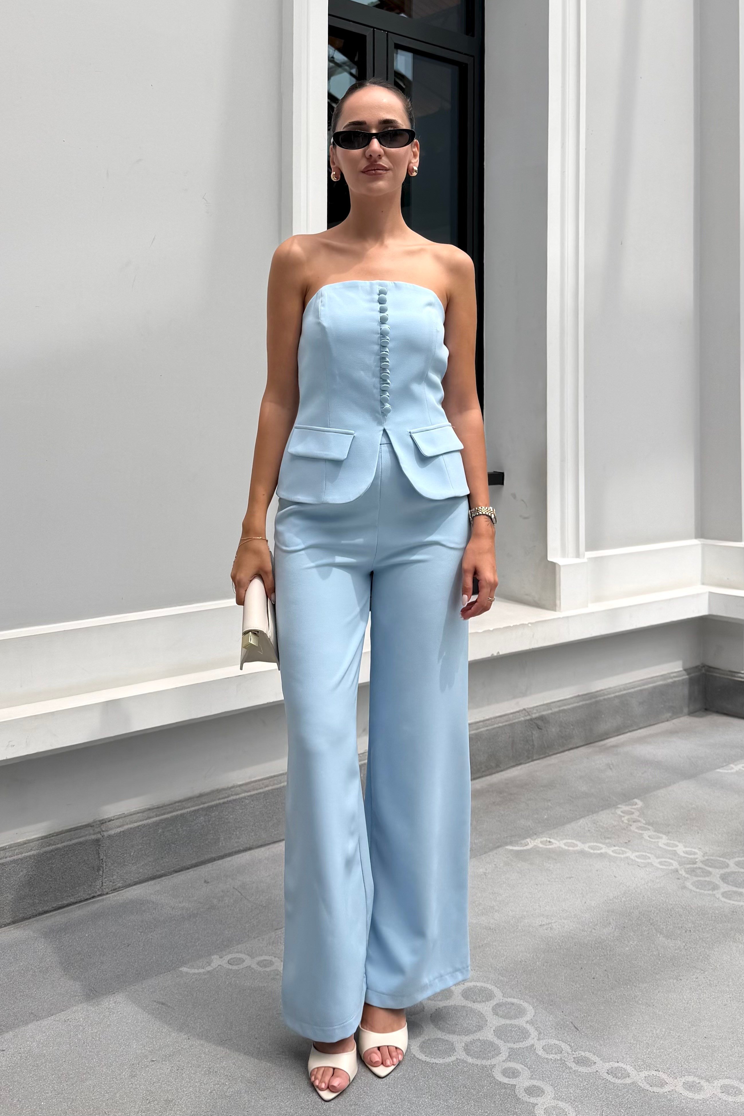Bebe Mavi Straplez Düğmeli Korse Takım - Kadın Takım Modelleri - Nazliye Moda | Kadın Giyim Modası