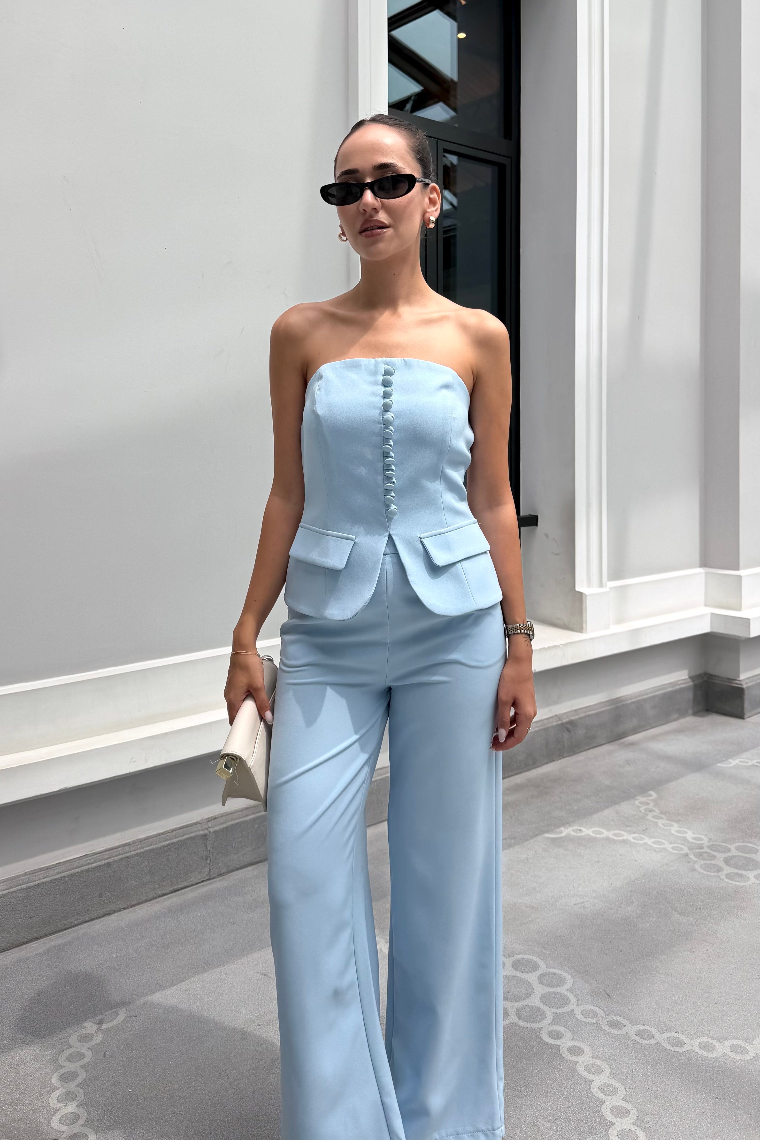 Bebe Mavi Straplez Düğmeli Korse Takım - Kadın Takım Modelleri - Nazliye Moda | Kadın Giyim Modası