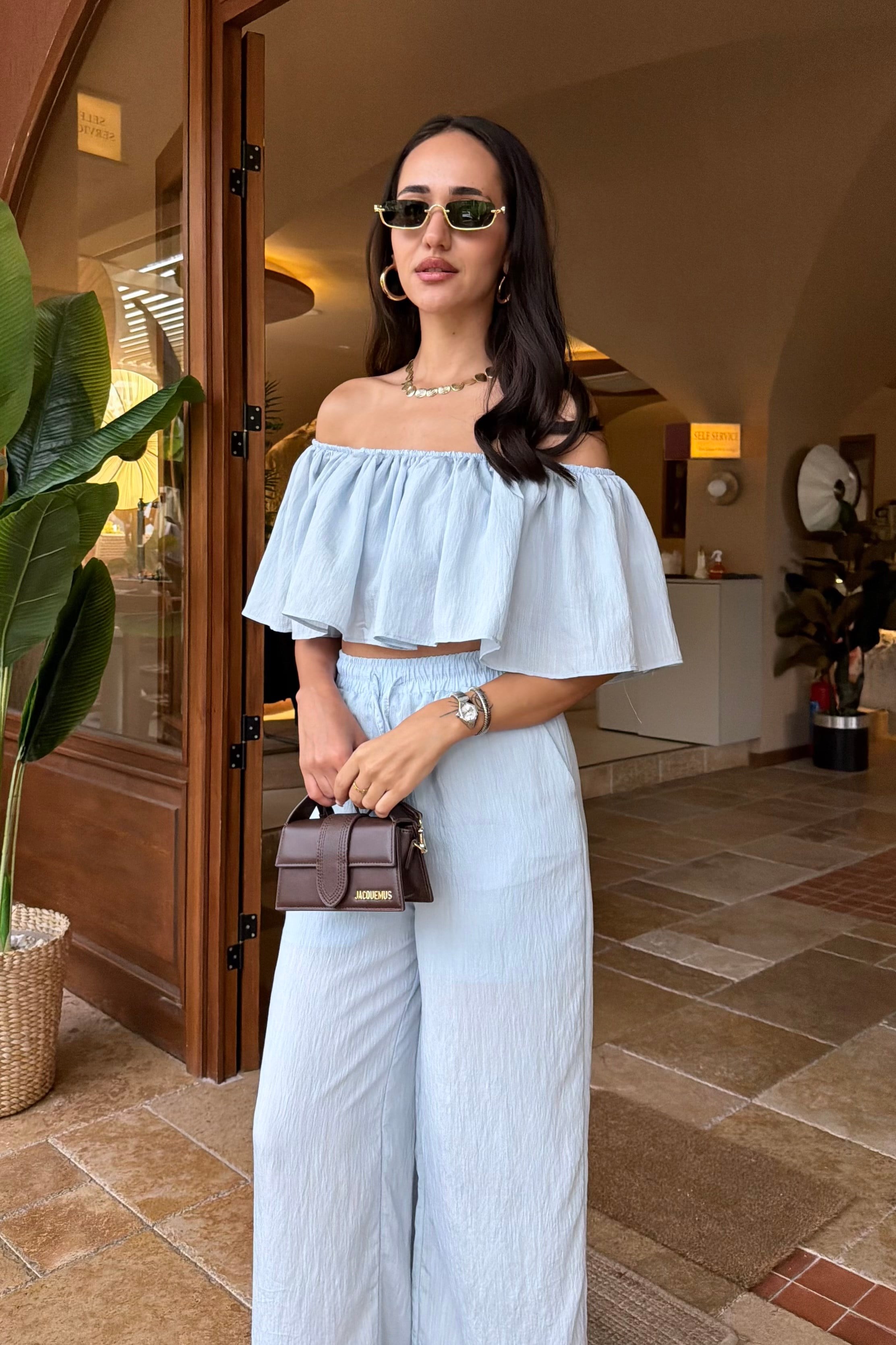 Bebe Mavi Volanlı Crop İkili Takım - Kadın Takım Modelleri - Nazliye Moda | Kadın Giyim Modası