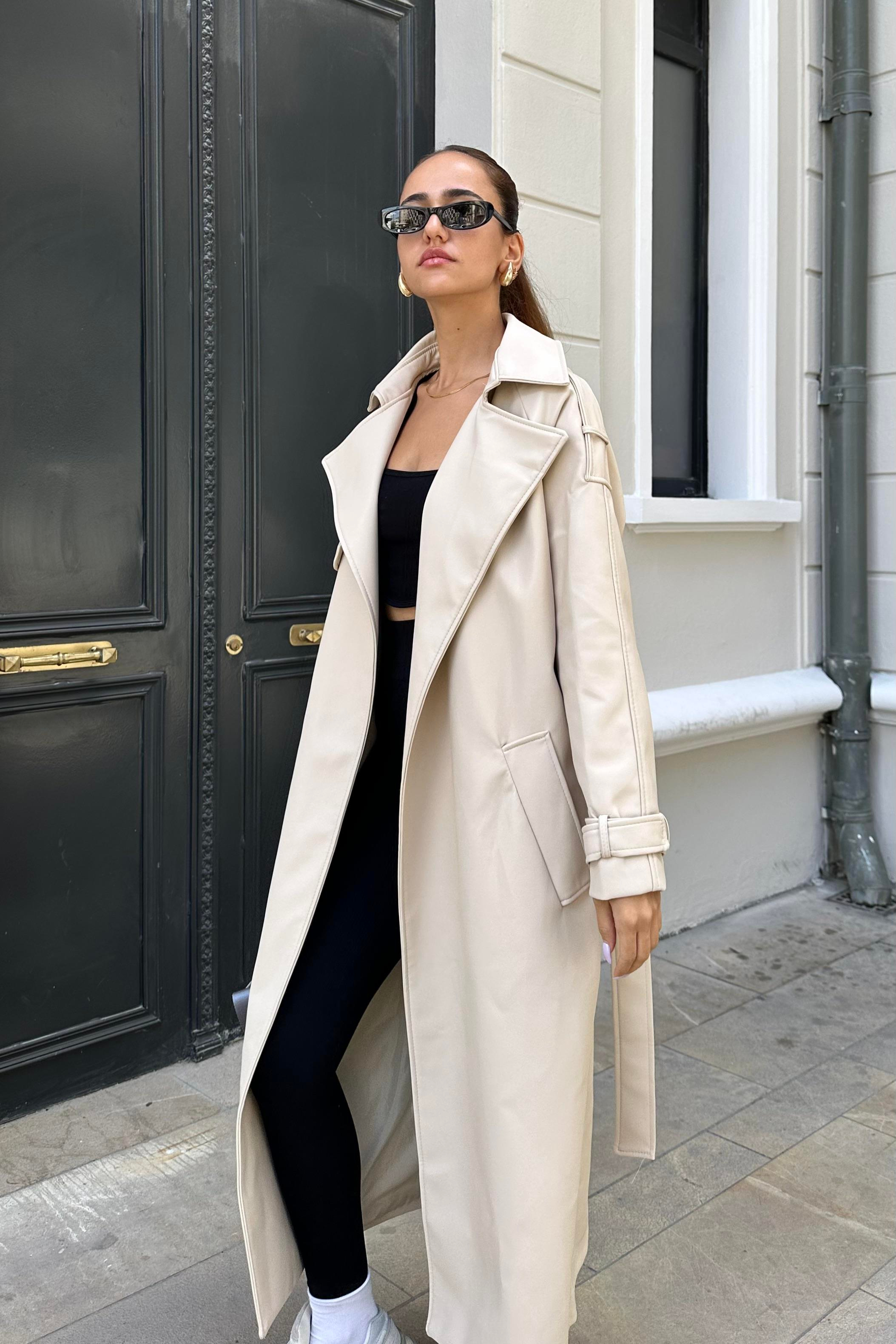 Bej Nazliye Hakiki Deri Trençkot - Kadın Trençkot Modelleri - Nazliye Moda | Kadın Giyim Modası
