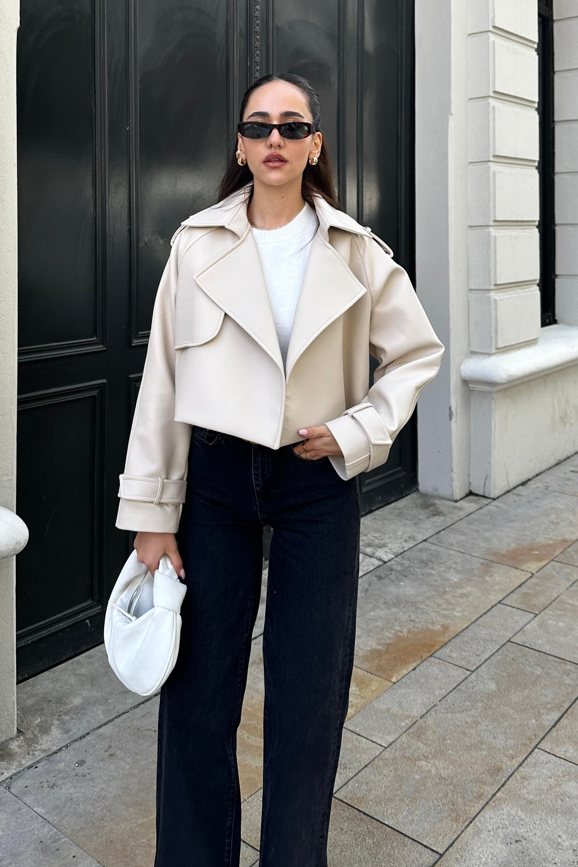 Beige Premium Faux Leather Trench Coat - Kadın Trench Coats Modelleri - Nazliye Moda | Kadın Giyim Modası