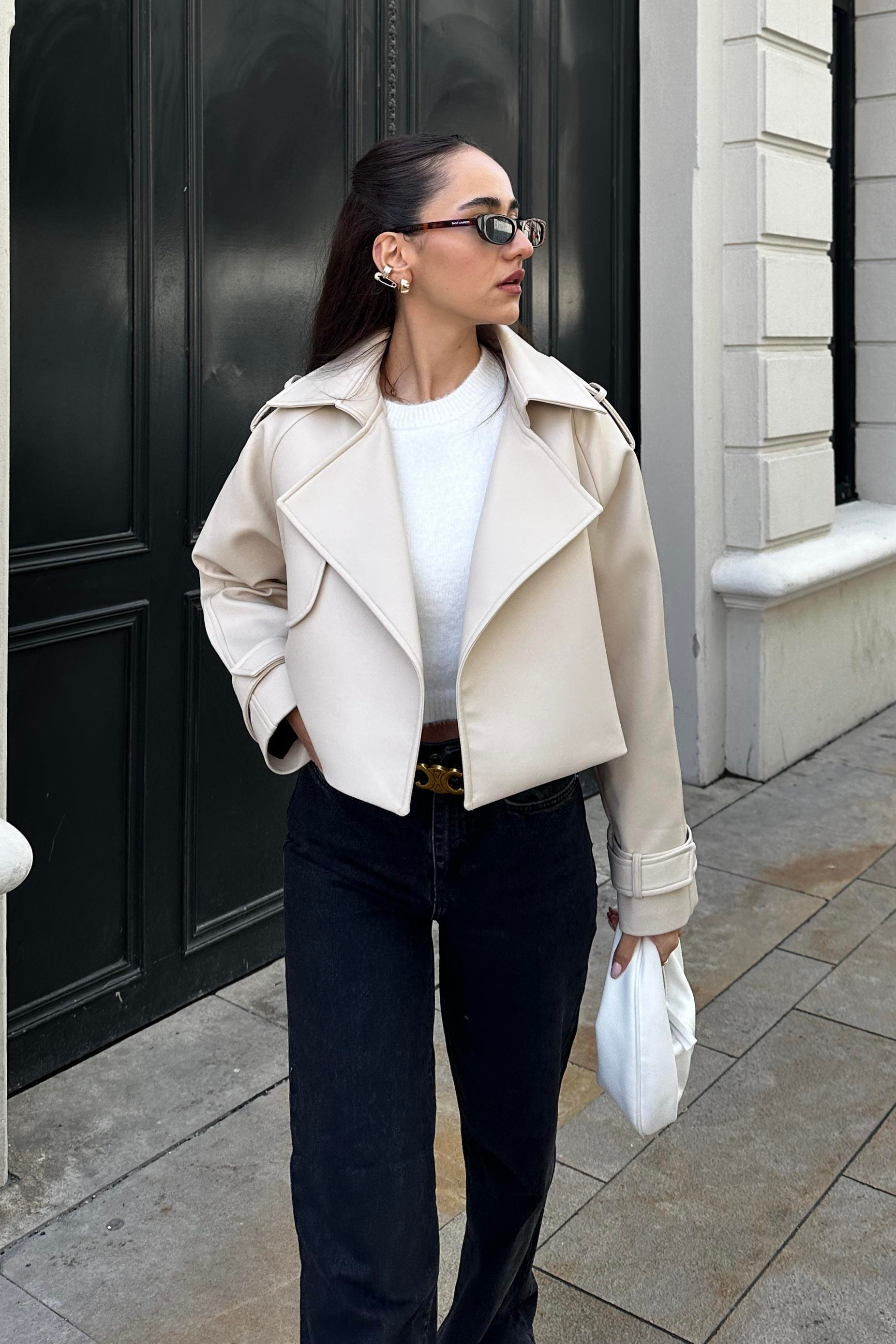 Beige Premium Faux Leather Trench Coat - Kadın Trench Coats Modelleri - Nazliye Moda | Kadın Giyim Modası