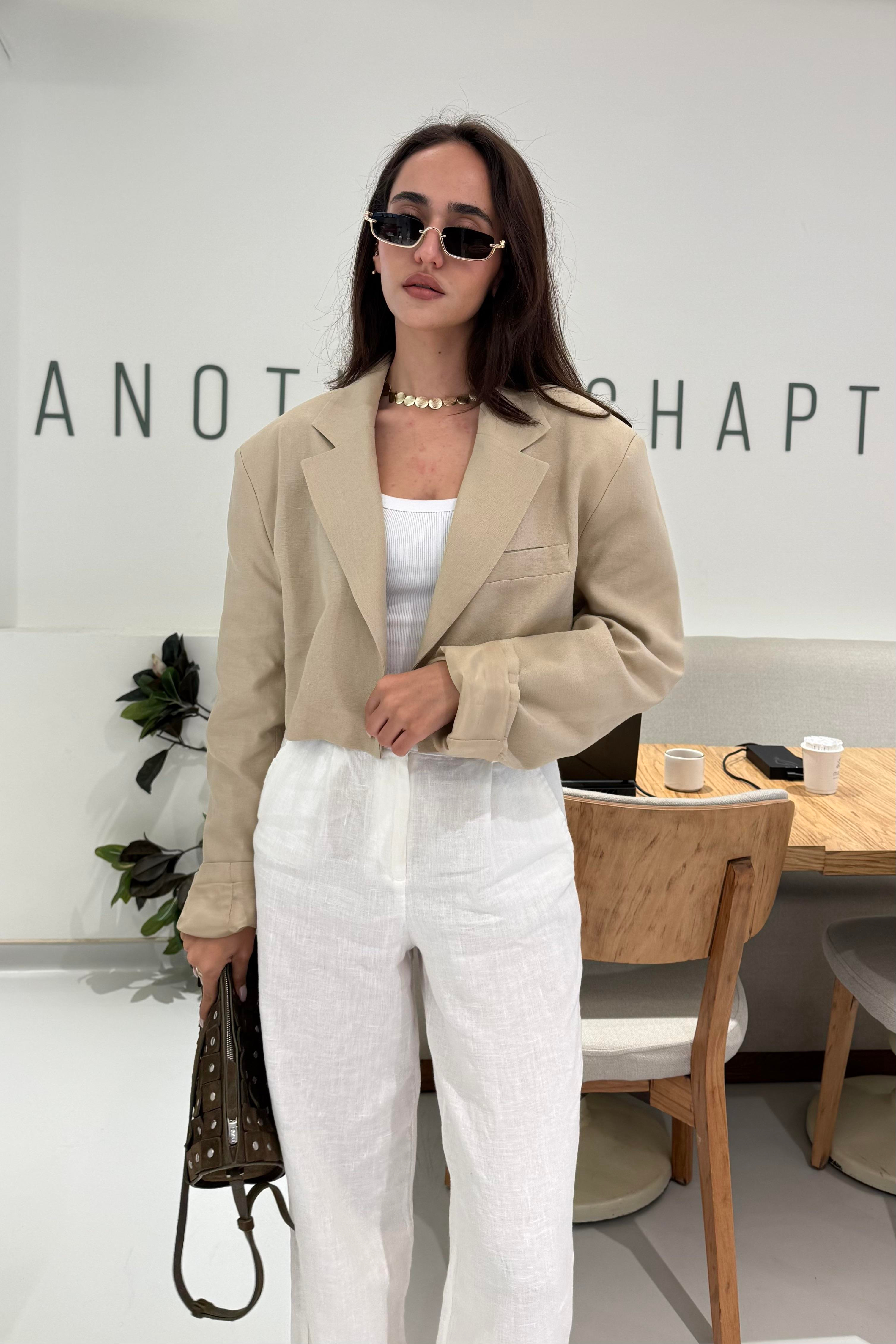 Bej Vatkalı Premium Keten Blazer Ceket - Kadın Blazer Jackets Modelleri - Nazliye Moda | Kadın Giyim Modası