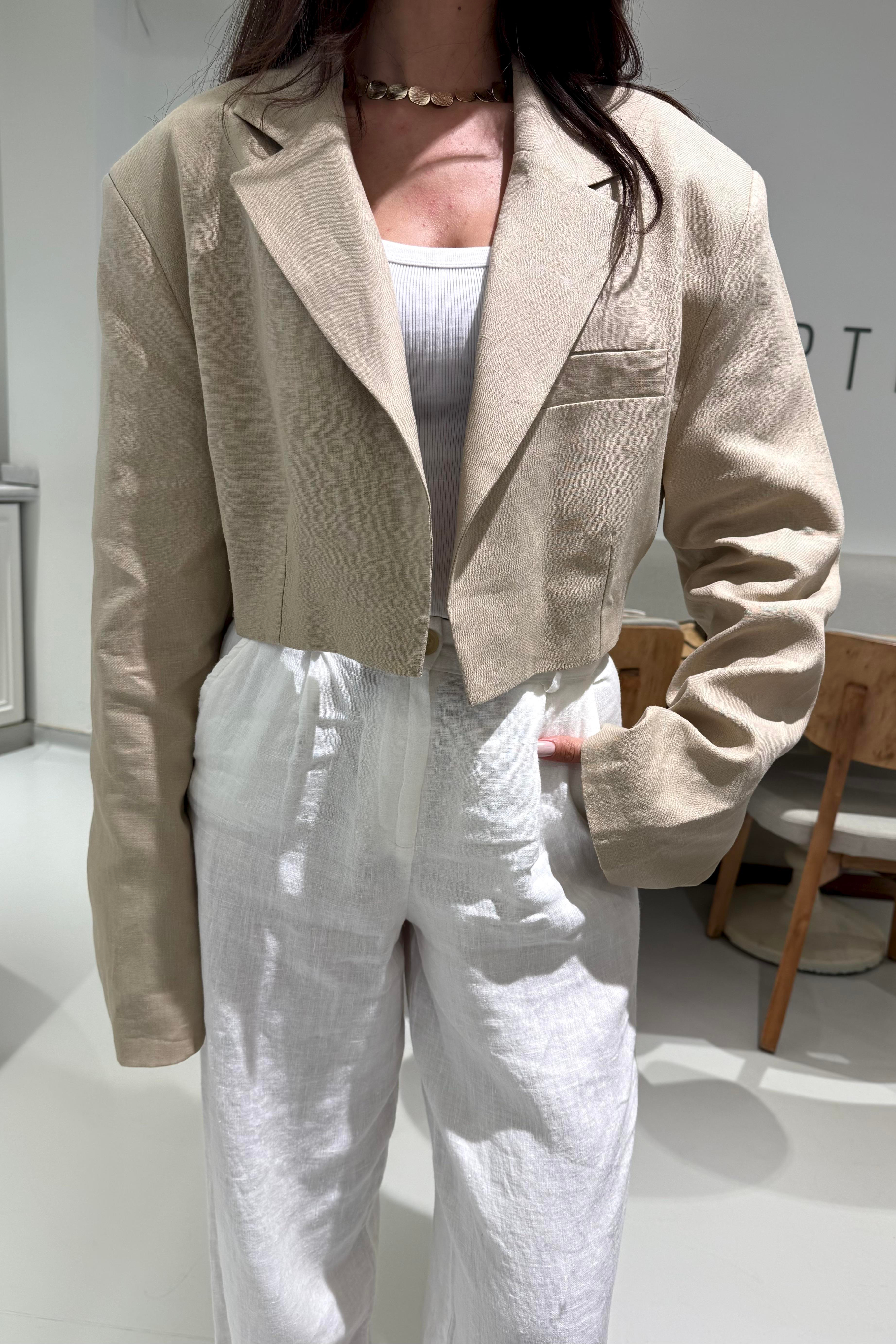 Bej Vatkalı Premium Keten Blazer Ceket - Kadın Blazer Jackets Modelleri - Nazliye Moda | Kadın Giyim Modası