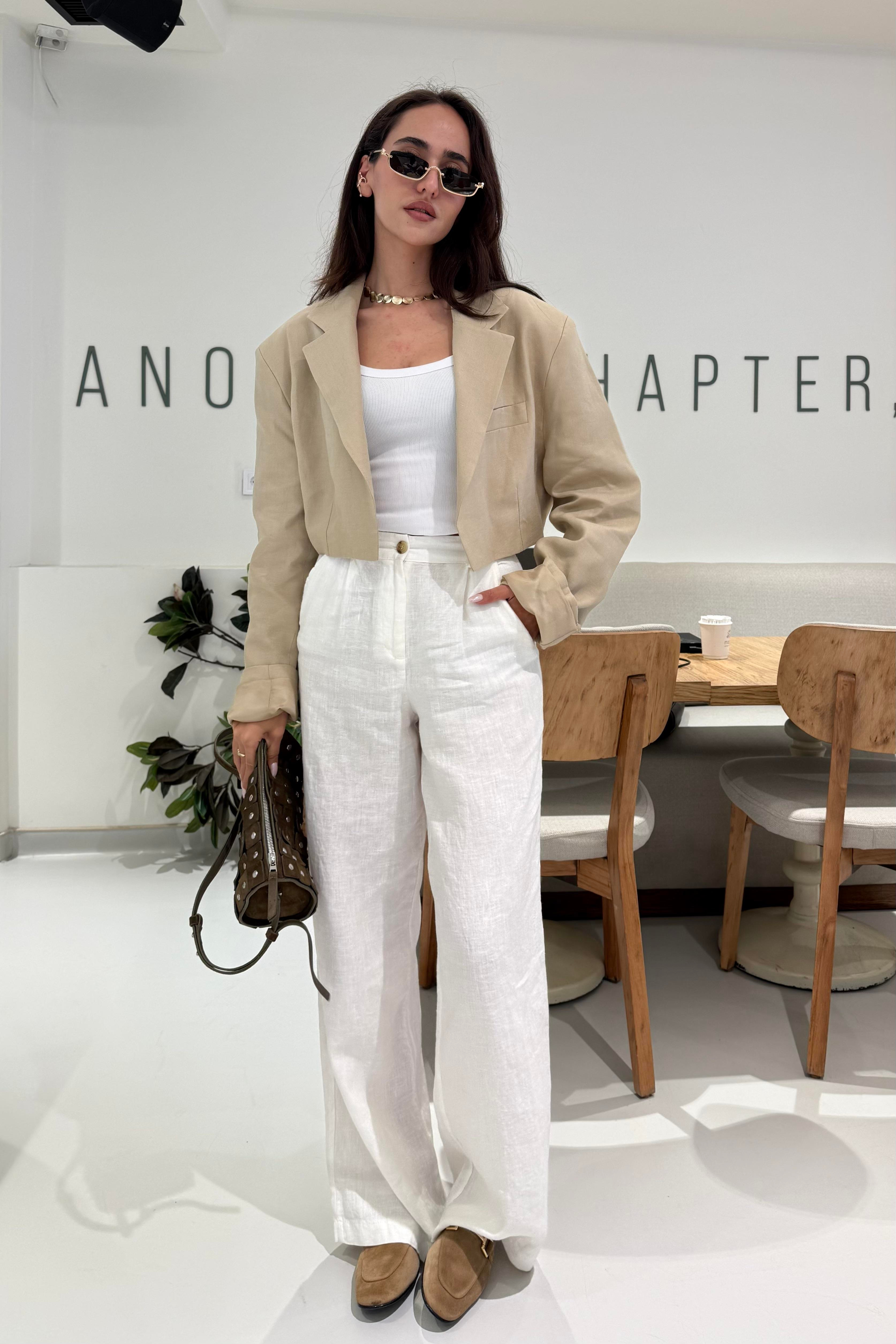 Bej Vatkalı Premium Keten Blazer Ceket - Kadın Blazer Jackets Modelleri - Nazliye Moda | Kadın Giyim Modası