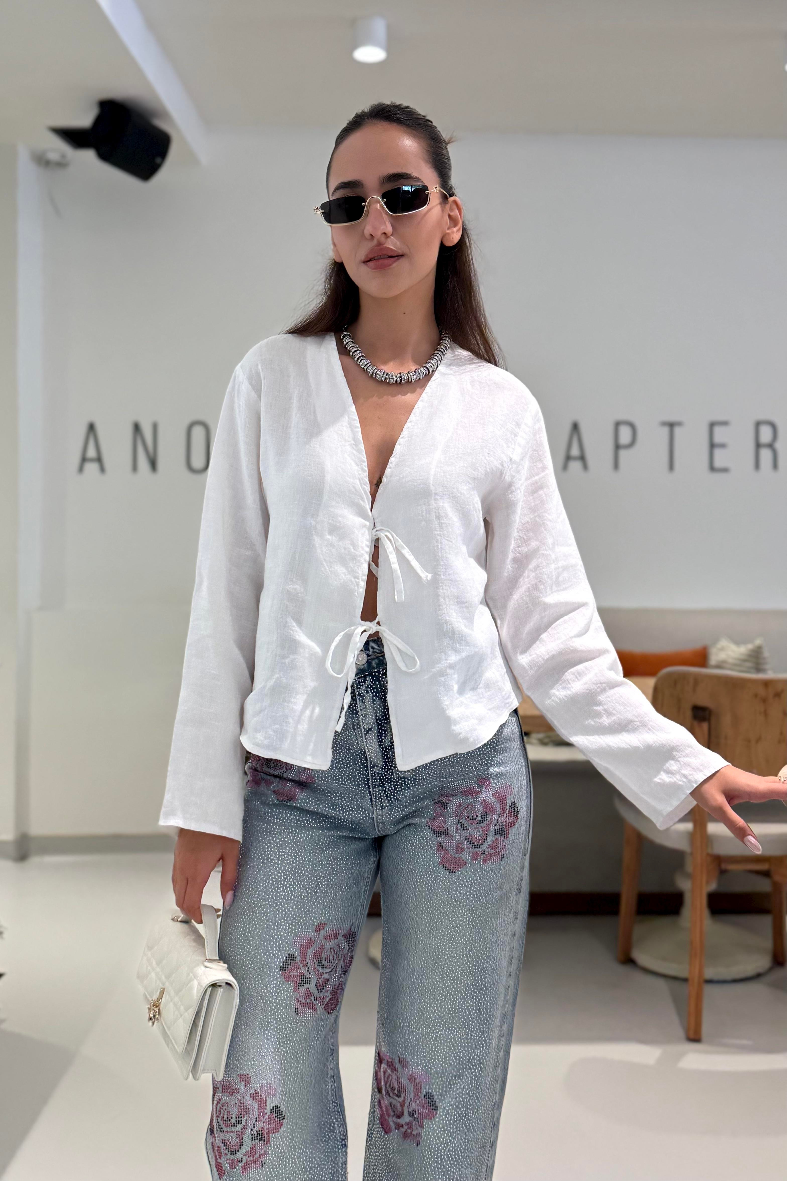 Beyaz Bağlama Detay Ham Keten Gömlek - Kadın Shirts Modelleri - Nazliye Moda | Kadın Giyim Modası