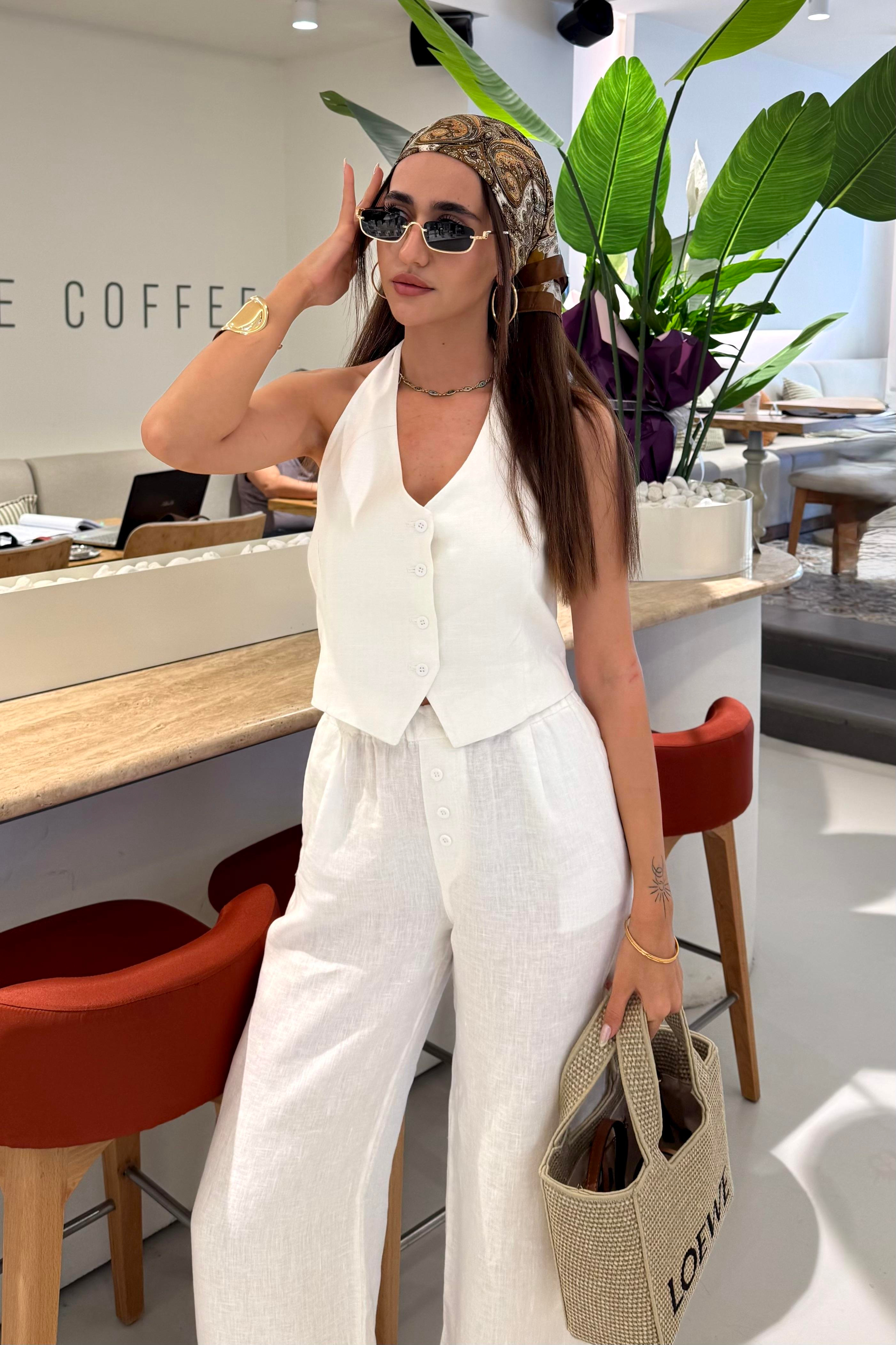 Beyaz Bağlama Detay Premium Keten Takım - Kadın Takım Modelleri - Nazliye Moda | Kadın Giyim Modası