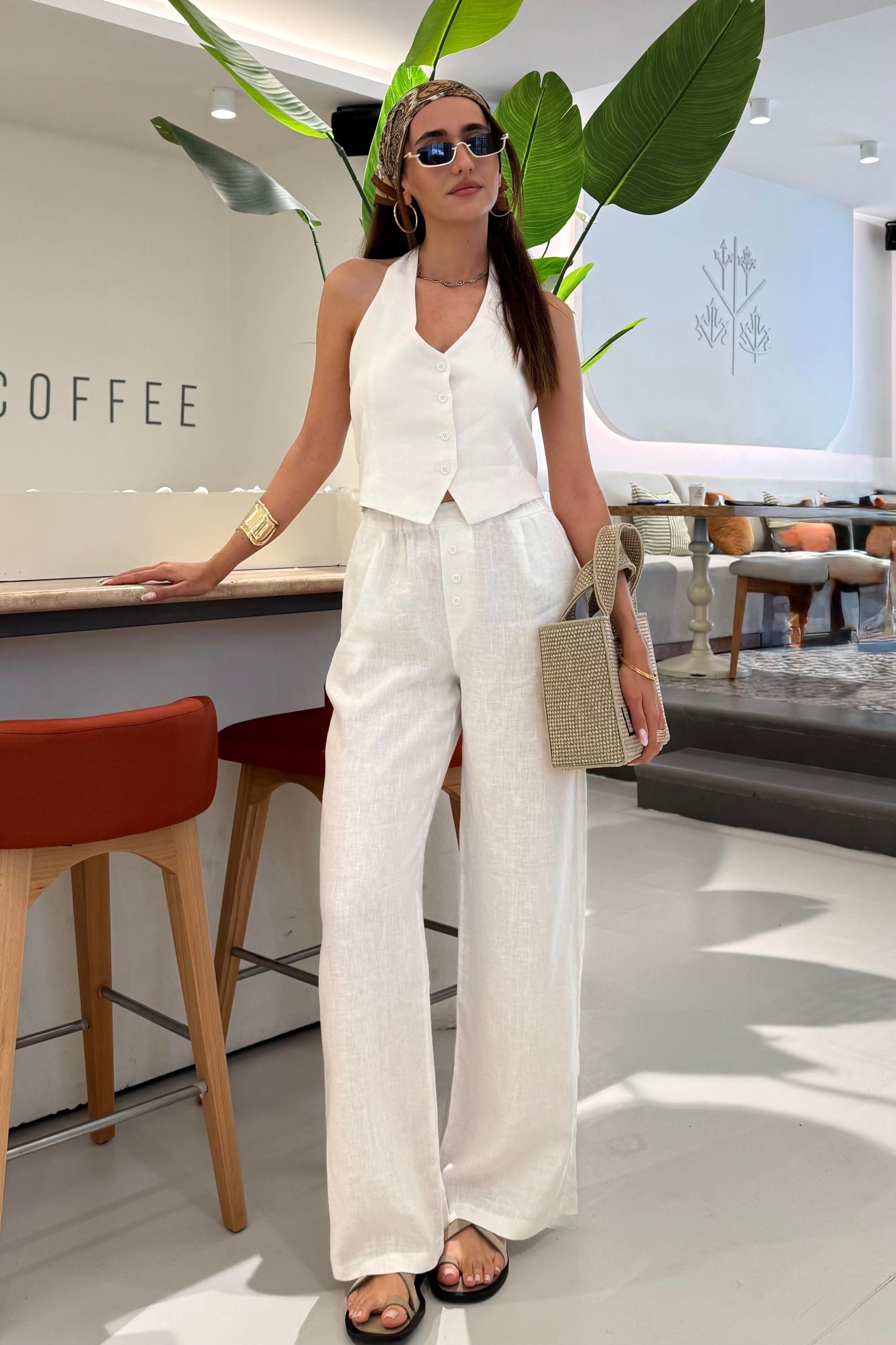 Beyaz Bağlama Detay Premium Keten Takım - Kadın Takım Modelleri - Nazliye Moda | Kadın Giyim Modası