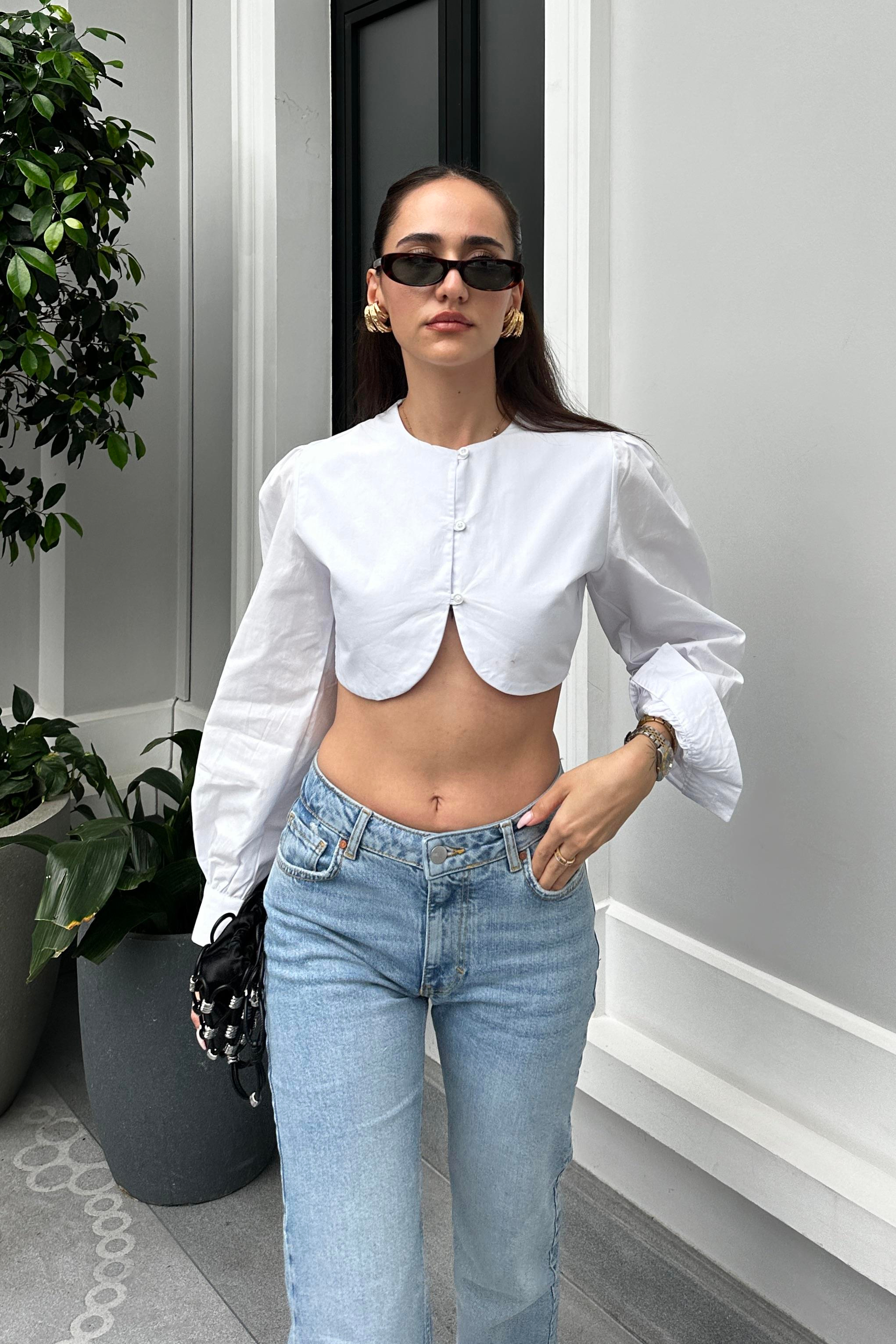 Beyaz Balon Kol Tasarım Gömlek - Kadın Shirts Modelleri - Nazliye Moda - Kadın Giyim Modası