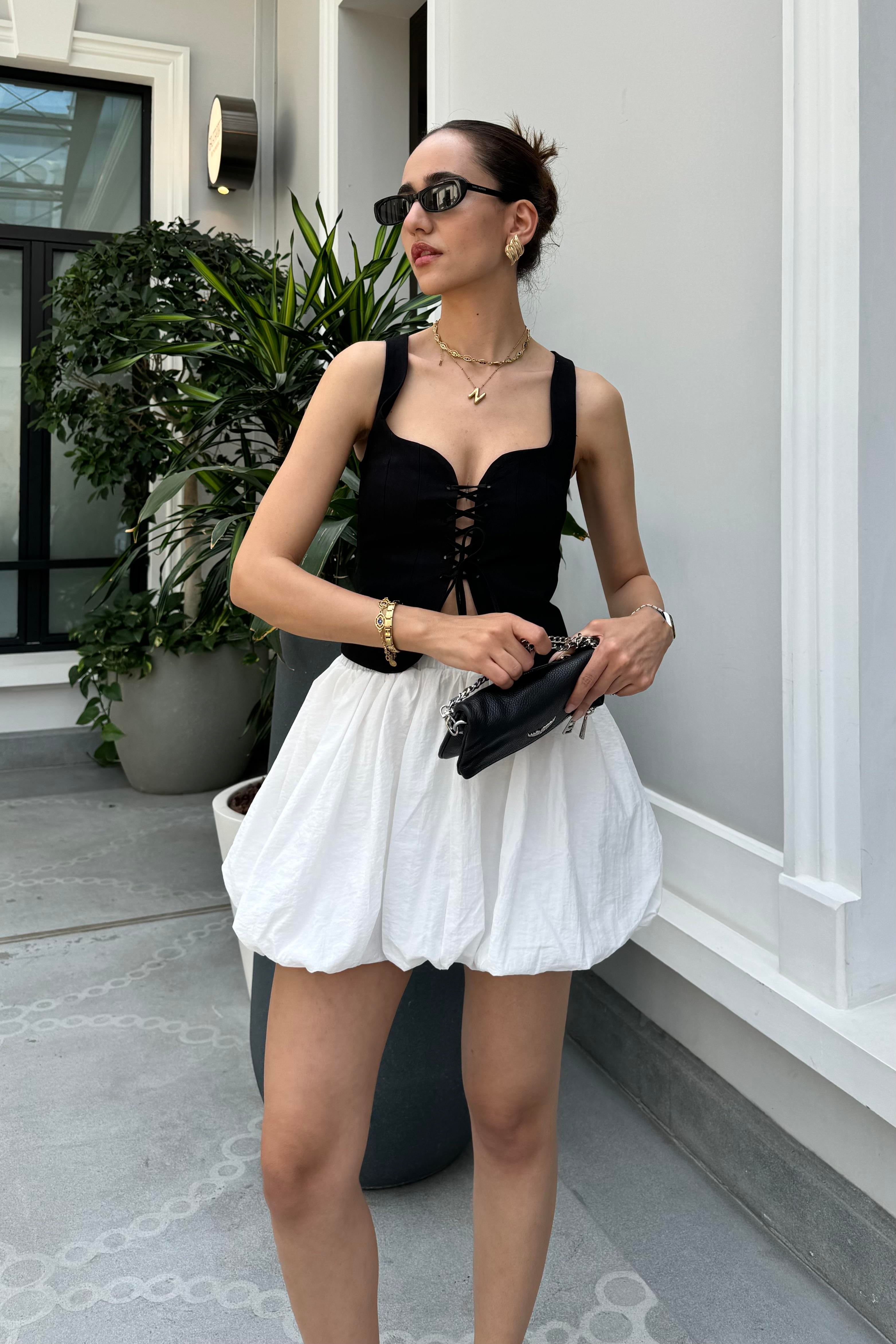 Beyaz Balon Mini Etek - Kadın Skirts Modelleri - Nazliye Moda - Kadın Giyim Modası