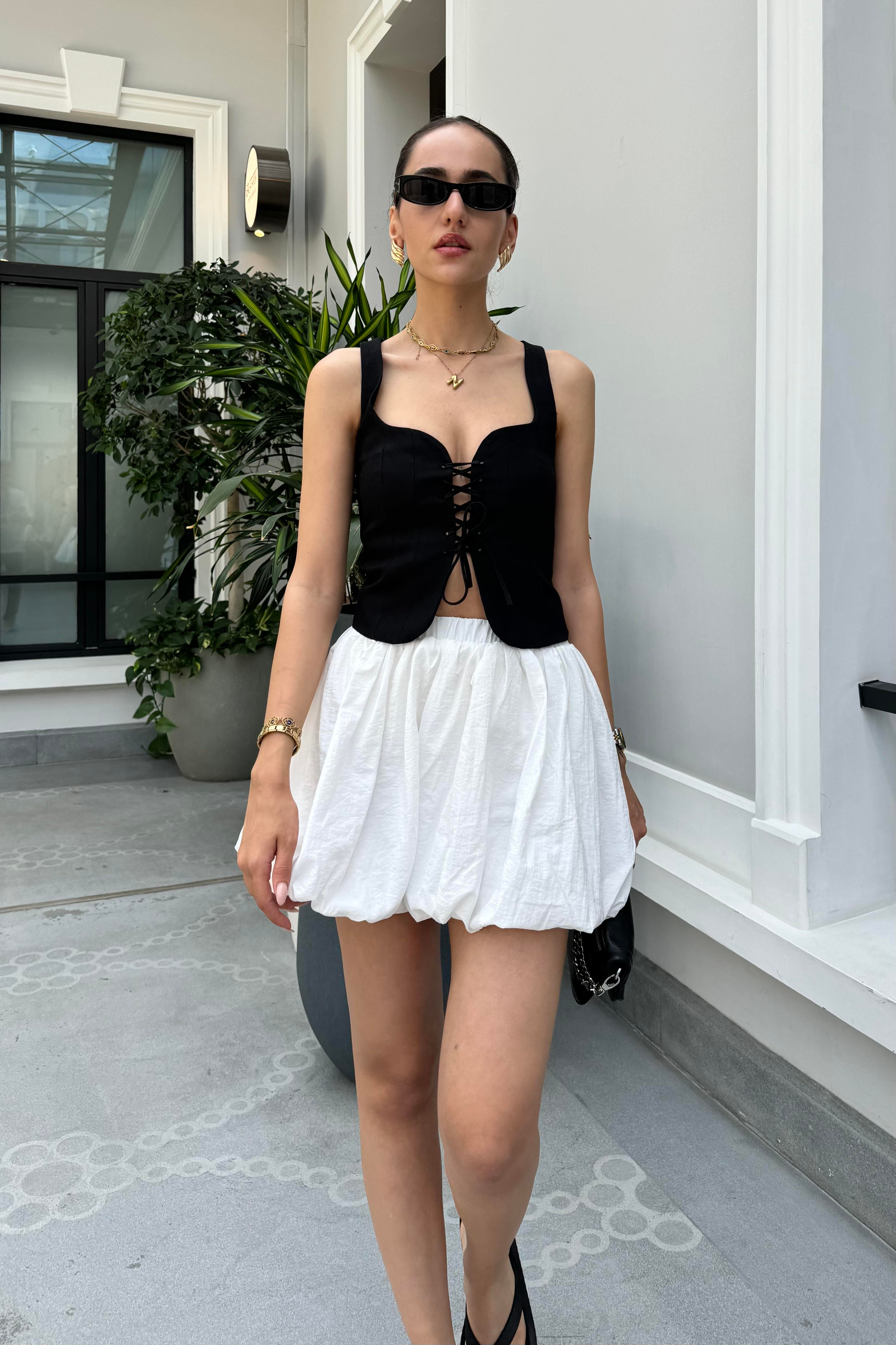 Beyaz Balon Mini Etek - Kadın Skirts Modelleri - Nazliye Moda - Kadın Giyim Modası