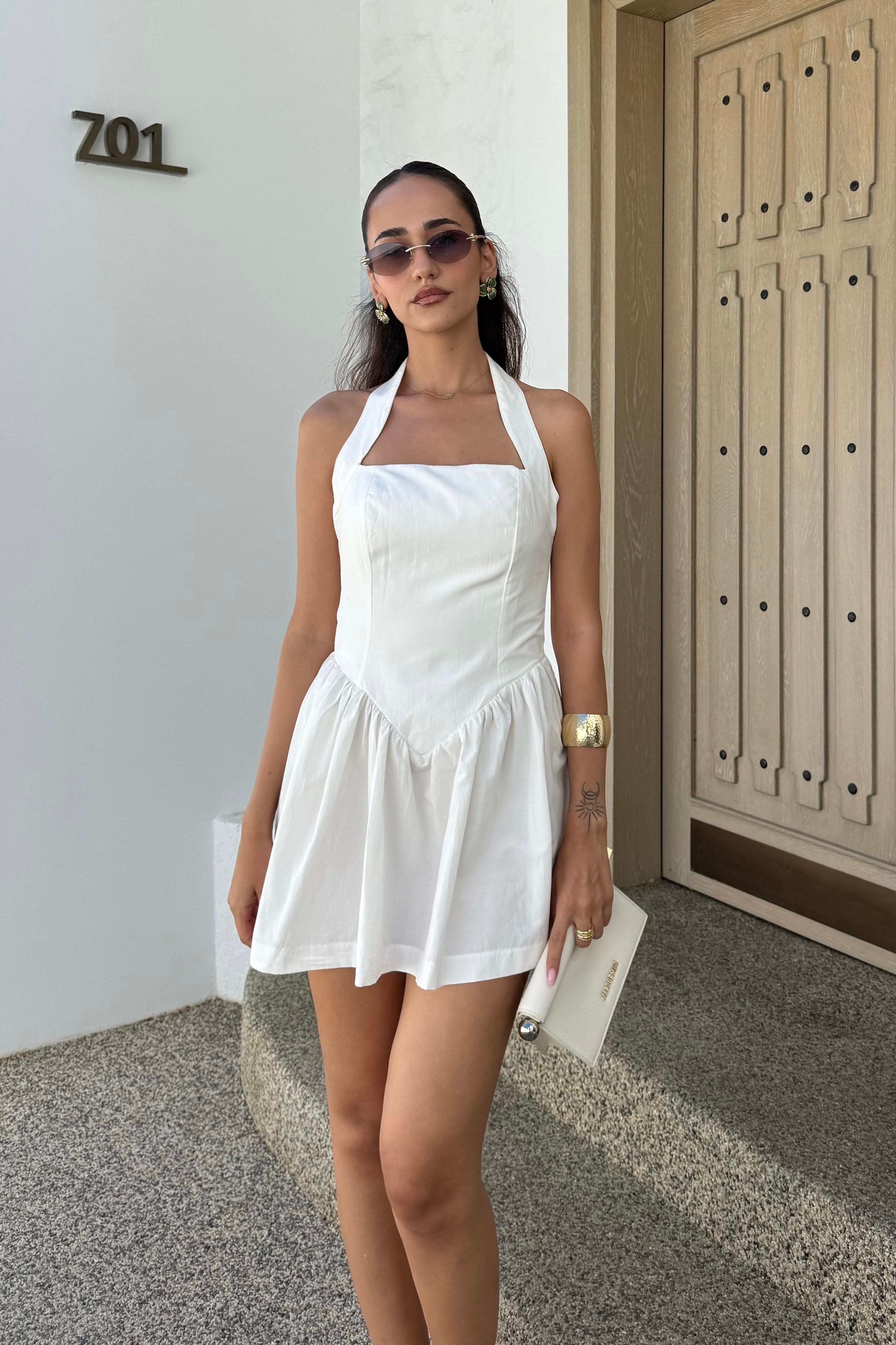 Beyaz Boyundan Bağlamalı Mini Elbise - Kadın Elbise Modelleri - Nazliye Moda | Kadın Giyim Modası