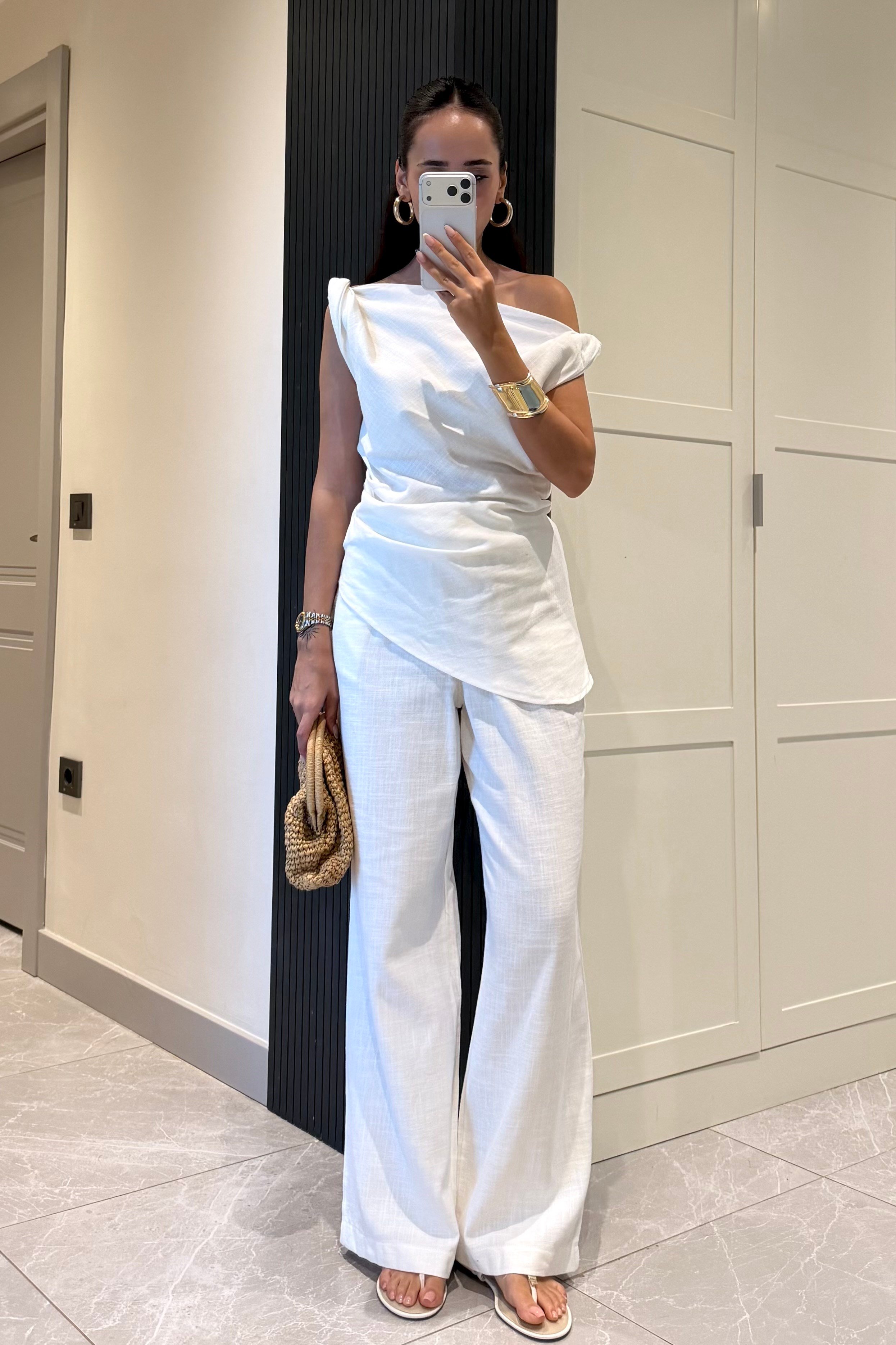 Beyaz Düşük Omuz Keten Takım - Kadın Takım Modelleri - Nazliye Moda | Kadın Giyim Modası