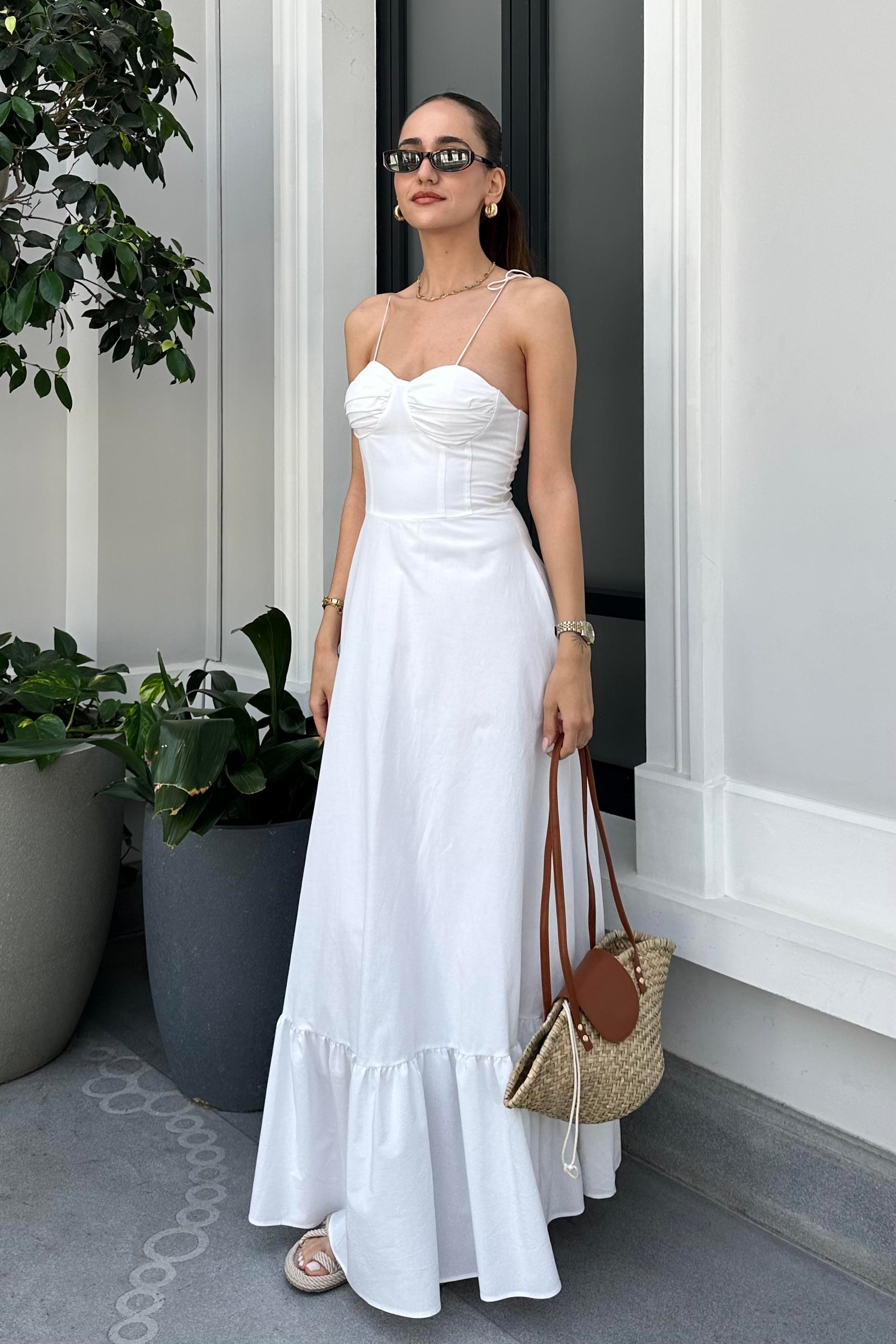Beyaz Fırfırlı Poplin Uzun Elbise - Kadın Elbise Modelleri - Nazliye Moda - Kadın Giyim Modası