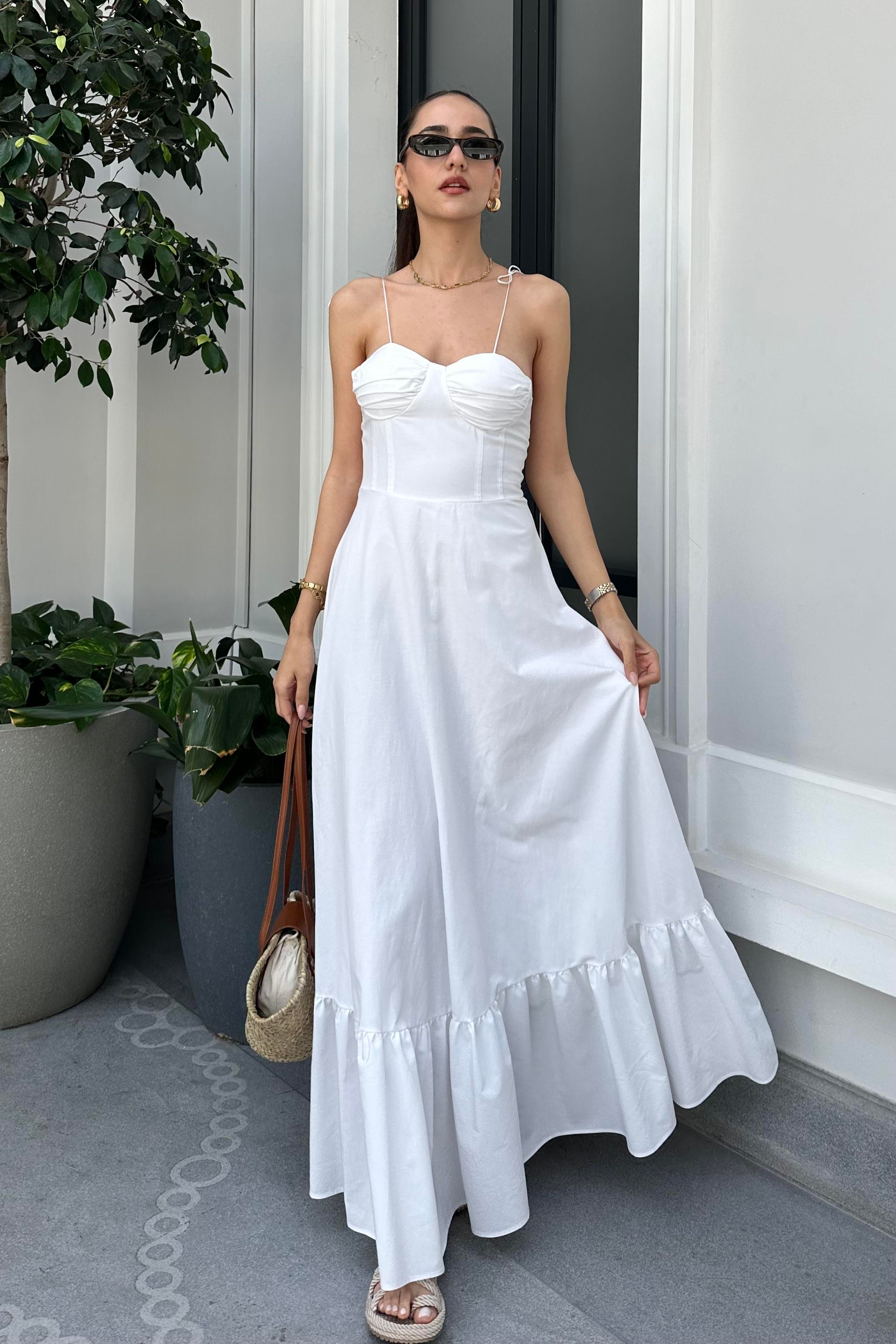 Beyaz Fırfırlı Poplin Uzun Elbise - Kadın Elbise Modelleri - Nazliye Moda - Kadın Giyim Modası