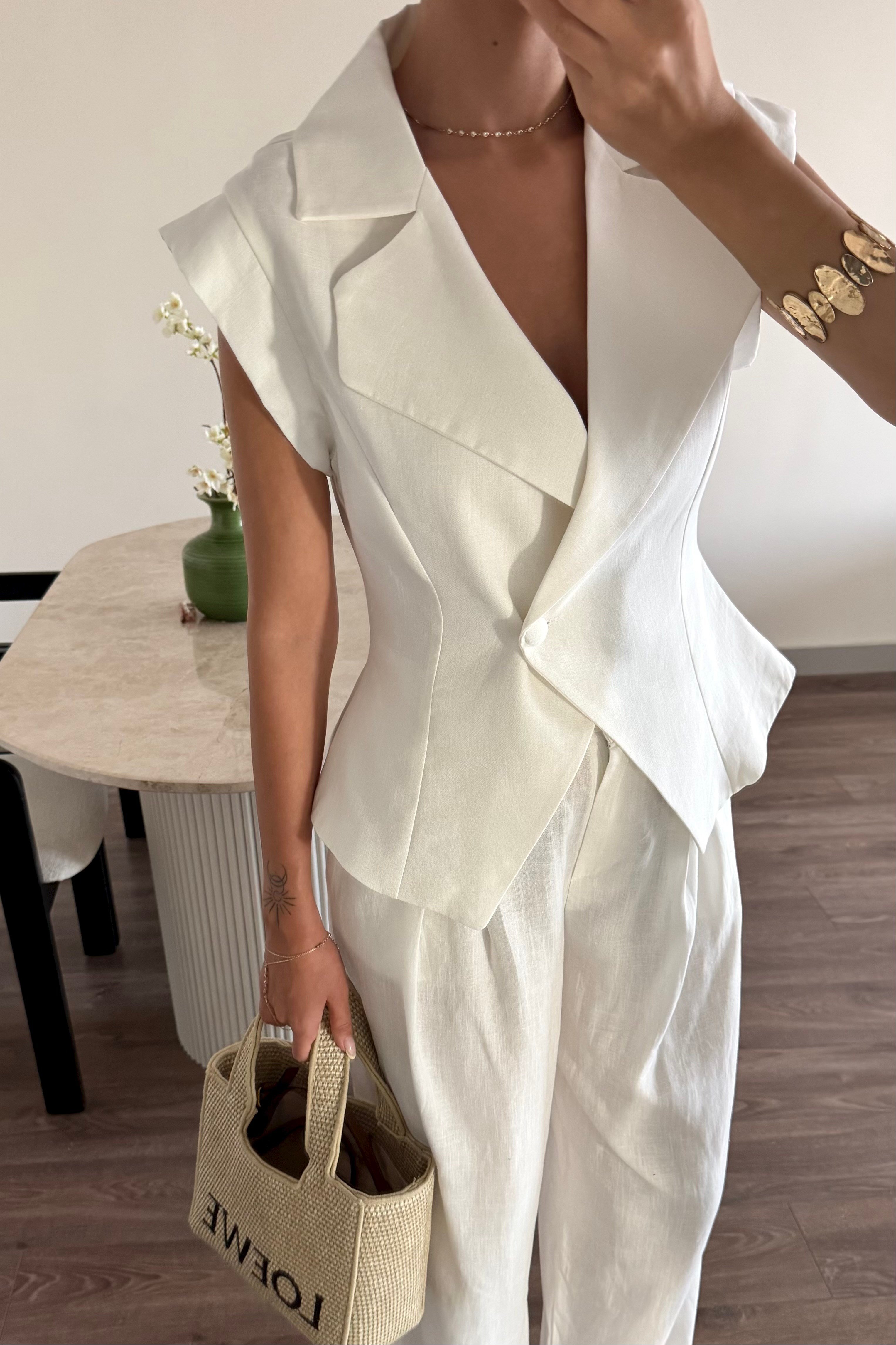 Beyaz Kolsuz Ceket Keten Takım - Kadın Outfit Sets Modelleri - Nazliye Moda | Kadın Giyim Modası