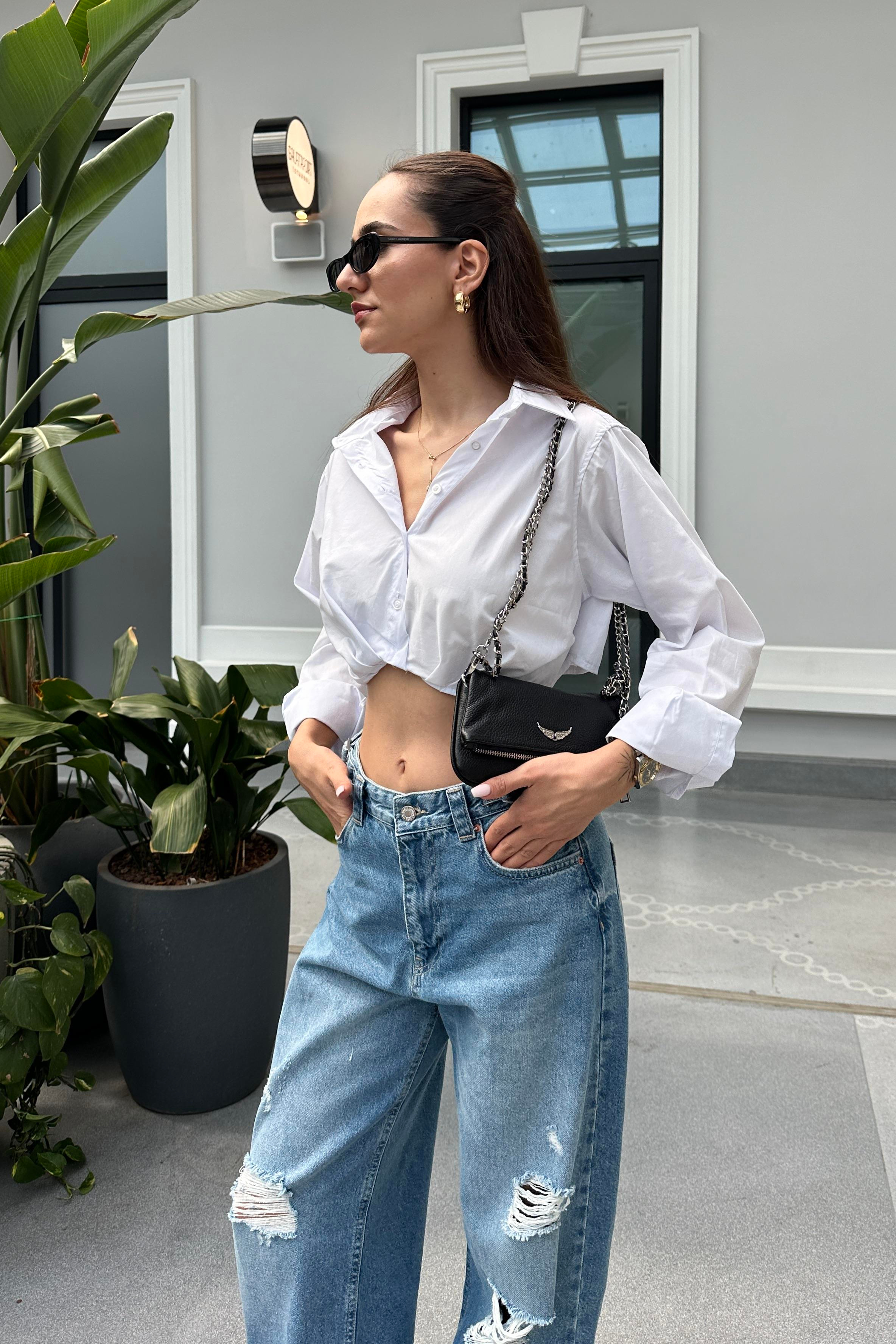 Beyaz Poplin Crop Gömlek - Kadın Shirts Modelleri - Nazliye Moda - Kadın Giyim Modası