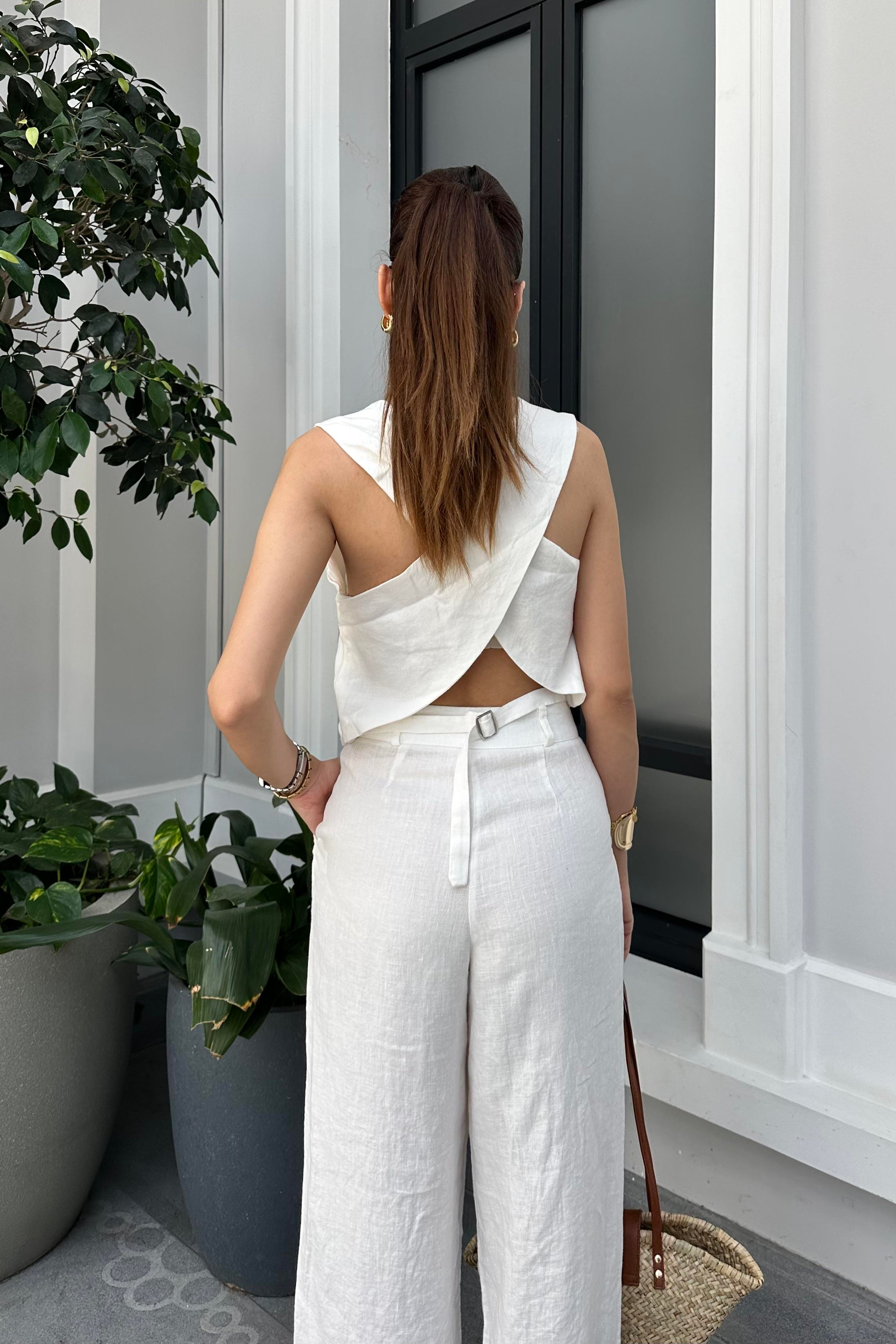 Beyaz Premium Ham Keten Pantolon - Kadın Trousers Modelleri - Nazliye Moda - Kadın Giyim Modası