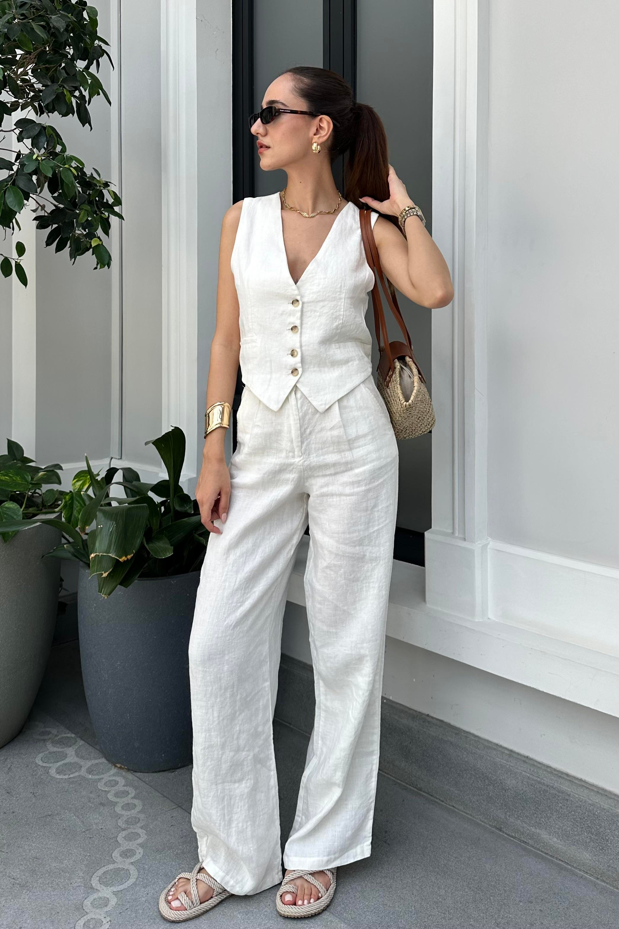 Beyaz Premium Ham Keten Pantolon - Kadın Trousers Modelleri - Nazliye Moda - Kadın Giyim Modası