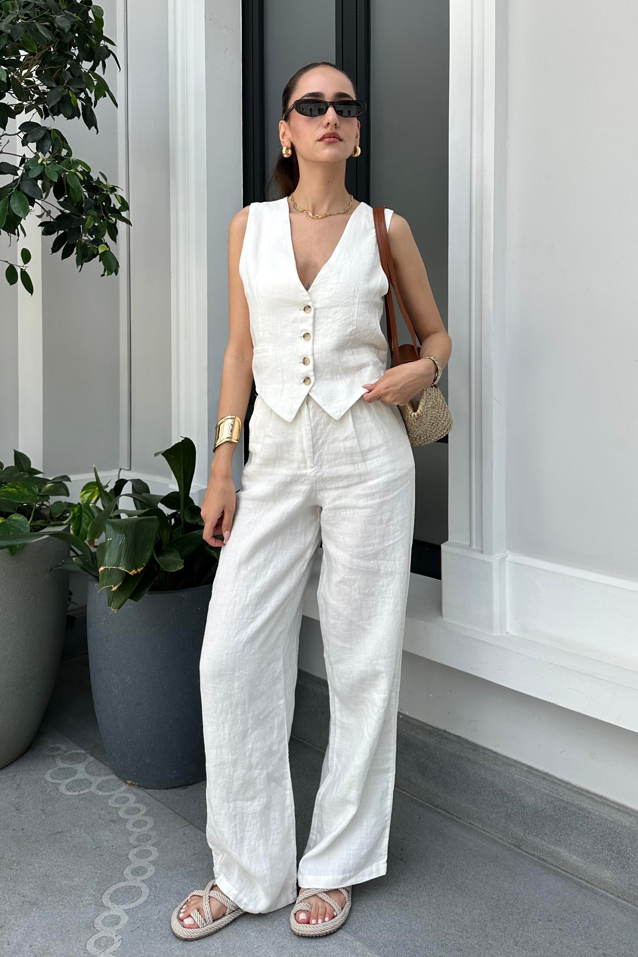 Beyaz Premium Ham Keten Pantolon - Kadın Trousers Modelleri - Nazliye Moda - Kadın Giyim Modası